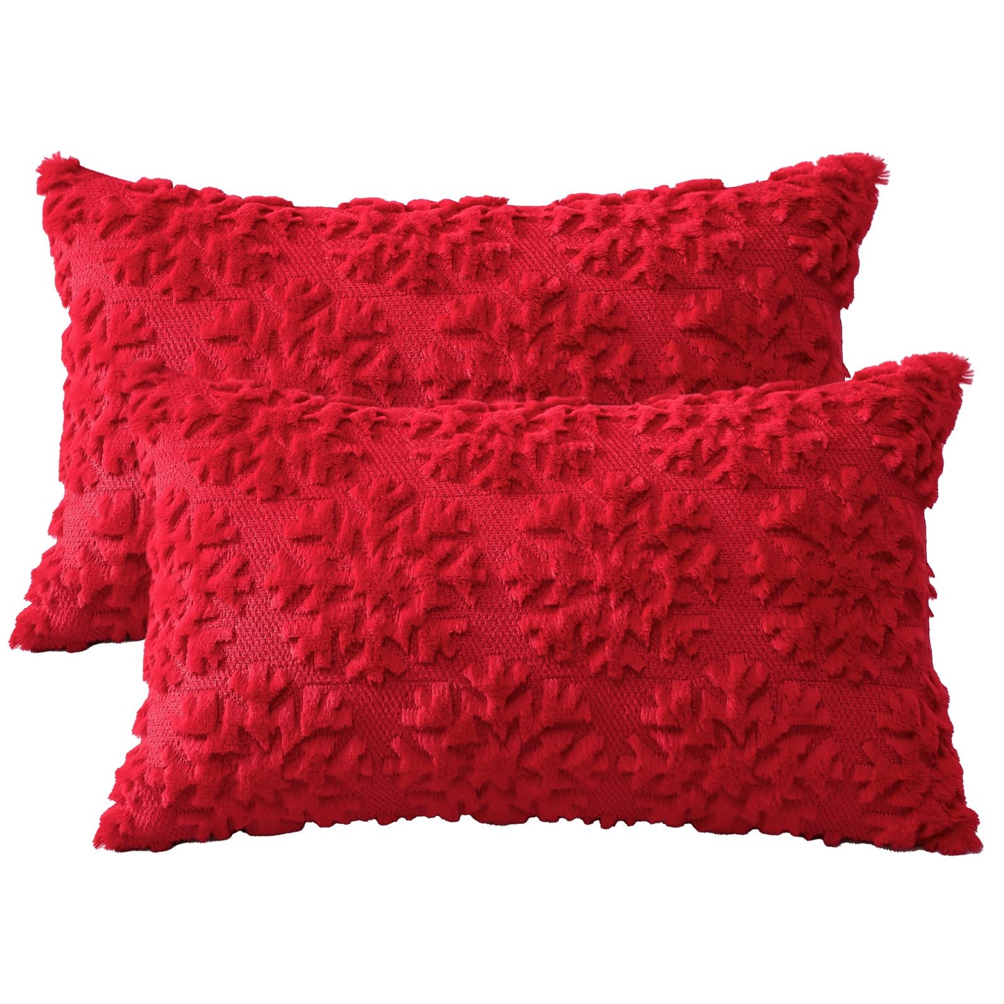 OTOSTAR Set of 2 Xmas Soft Plush Short Wool Velvet Decorative Throw Pillow Covers Rectangular Luxury Style Cushion Case Pillow Shell for Sofa Bedroom Snowflake Red, 16x24 Inch