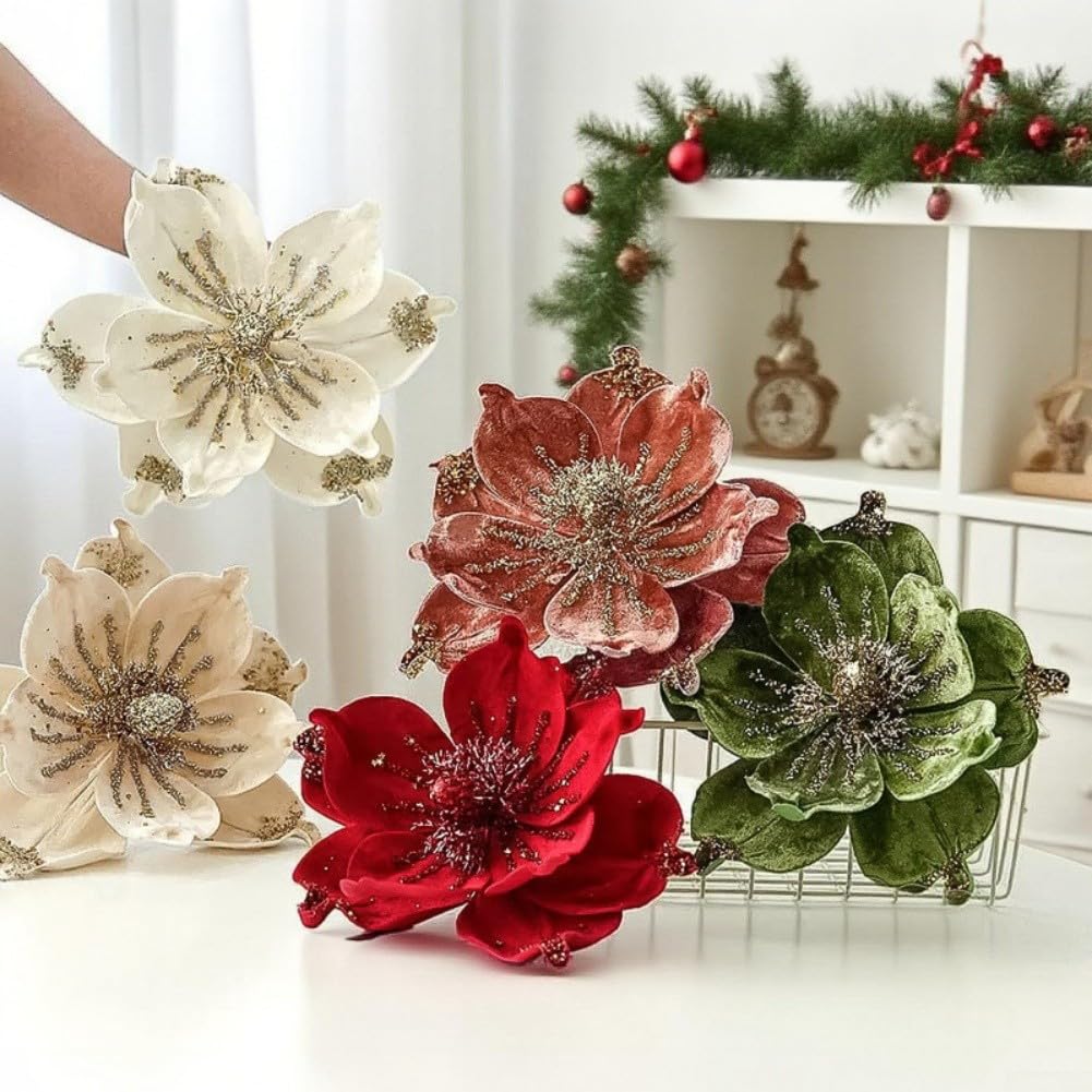 Christmas Tree Magnolia Picks with Artificial Magnolia Flowers, Fabric Ornaments to Create Festive Holiday Decor (Red)