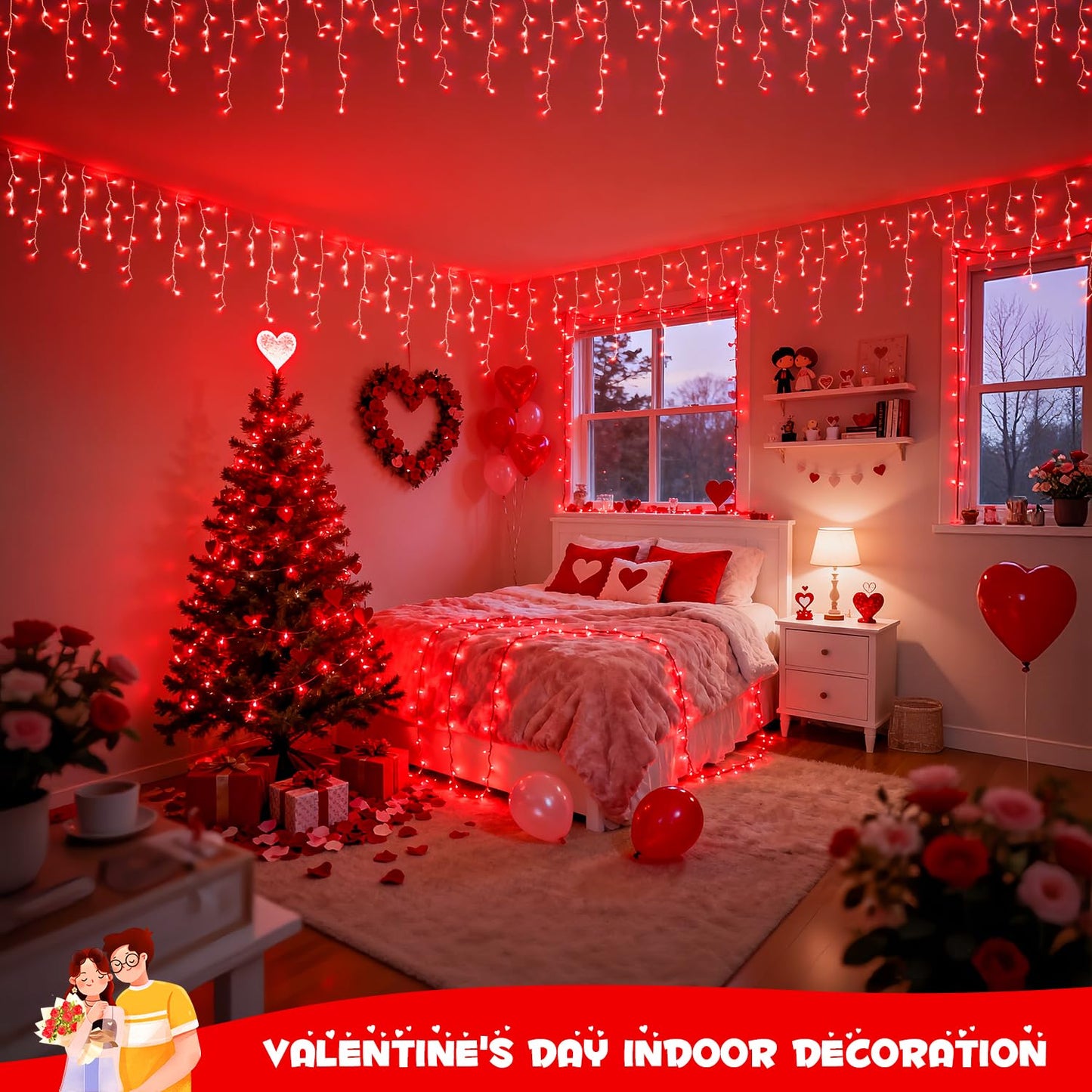 JMEXSUSS 400 LED Red Valentine Lights Outdoor, Connectable Red Icicle Lights Indoor Outdoor with Remote, Christmas Light for Valentine Room Fireplace Christmas Decorations