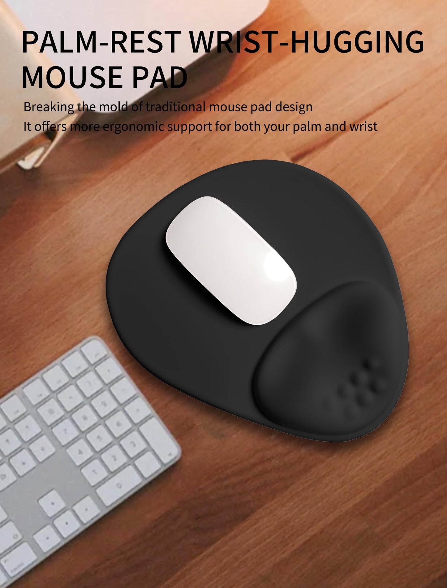 Basibutok Palm-Rest and Wrist-Hugging Mouse Pad Wrist Rest, Ergonomic Wrist Support with Curve Fitting Cushioned Memory Foam for Carpal Tunnel Pain Relief, 9.9 x 8.3 Inch, Dark Night Black