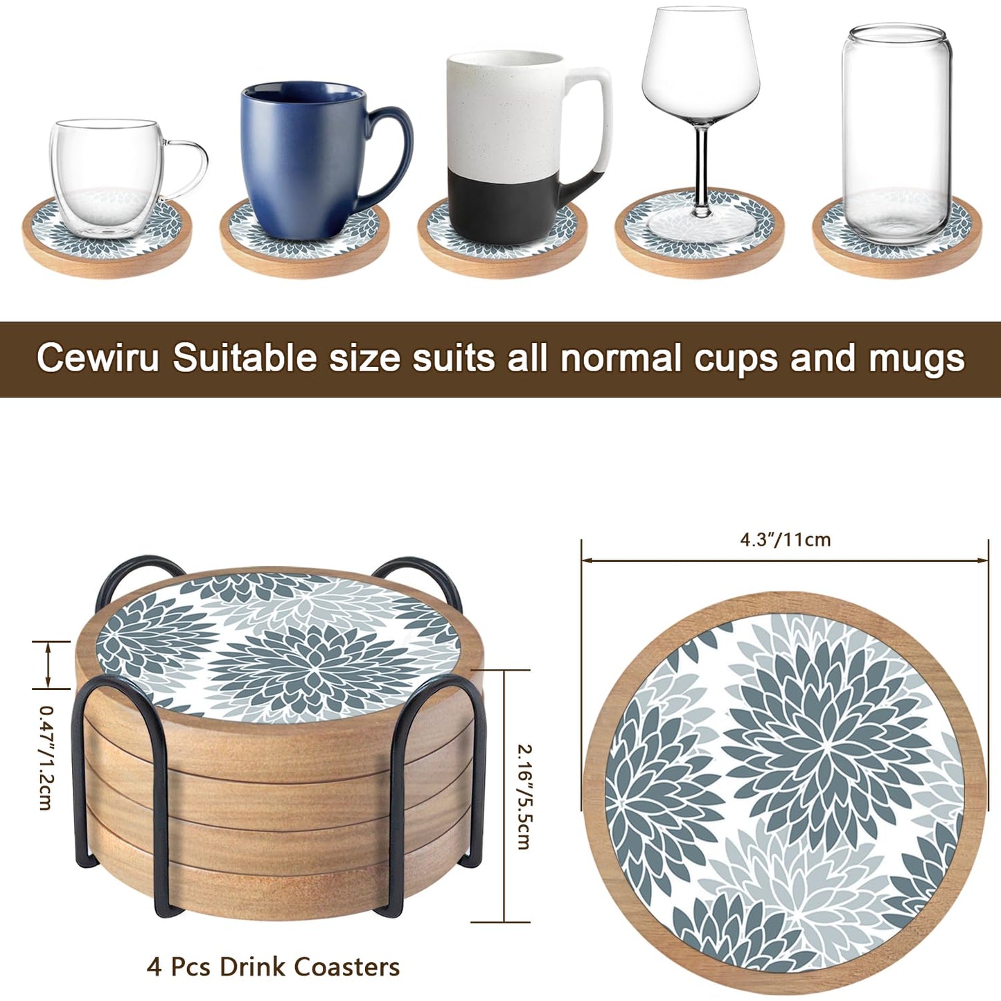 Wood Coasters Set of 4 with Holder, Cewiru Cup Mat for Drinks, Absorbent Coasters with Felt Insert for Coffee Table Protection, Modern Style Home Dining Table Decor, 4.3" Grey