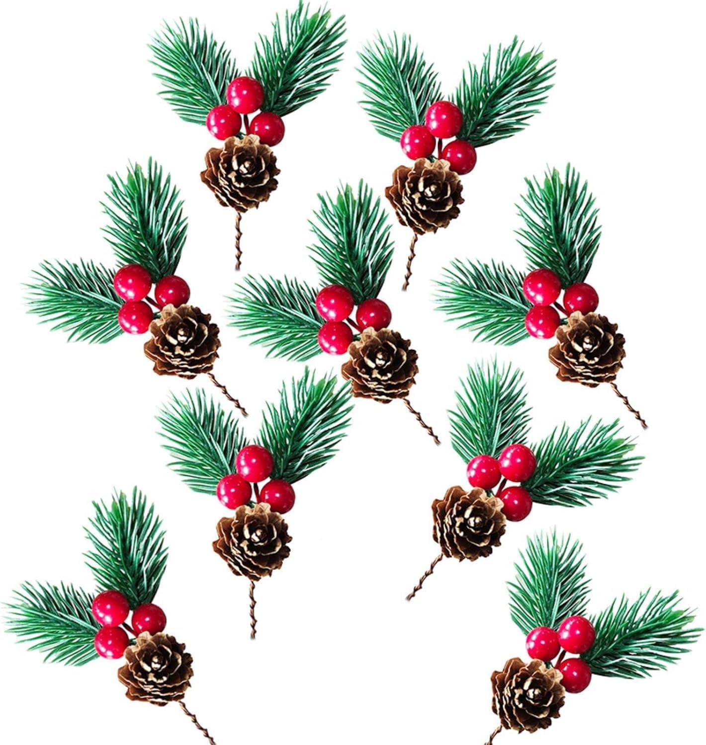Veloshine 10Pcs Christmas Floral Picks with Pine Cone and Holly Berry, Red Berry Branches with Greenery for Holiday Home Decor