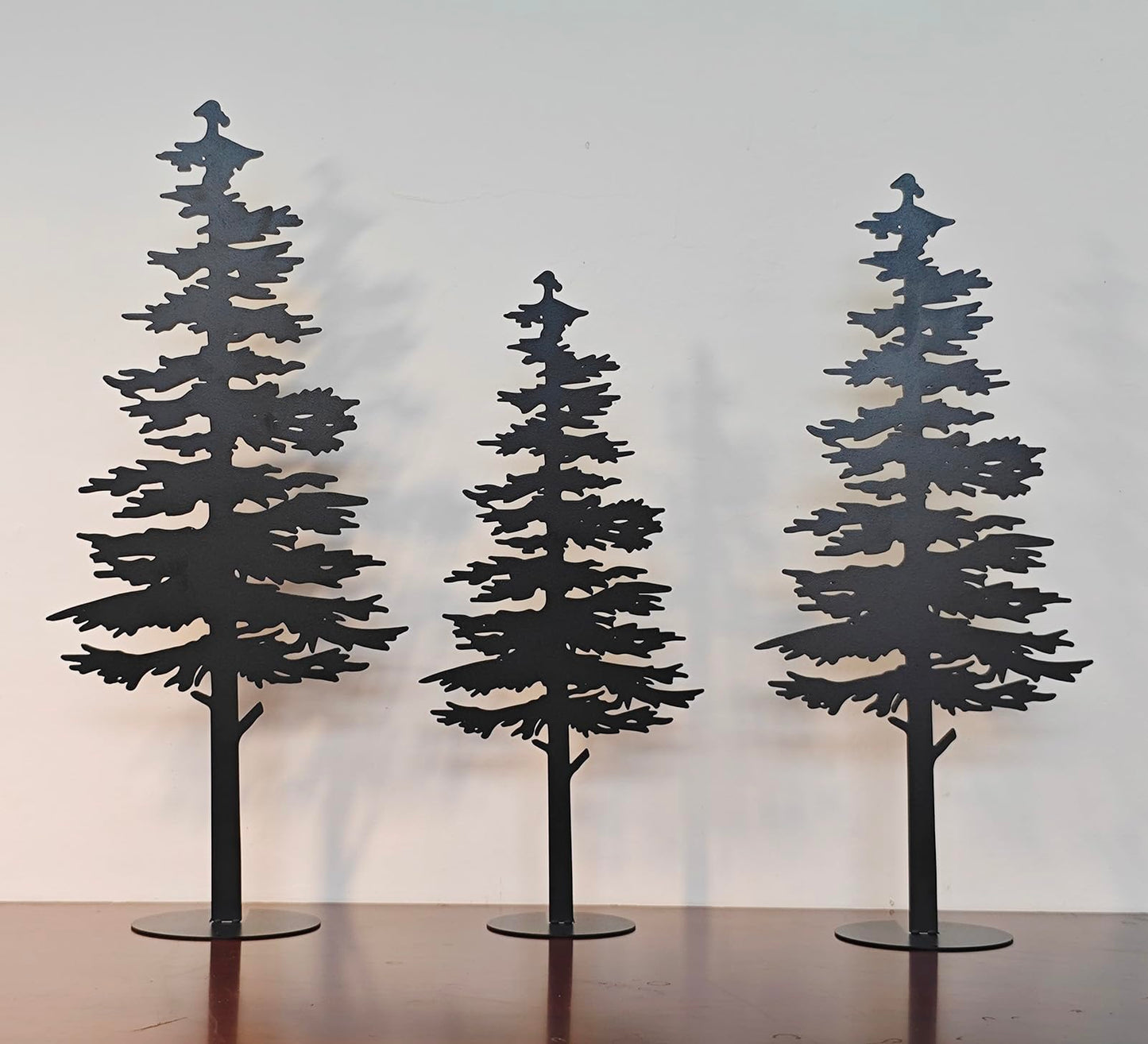 Farmhouse Metal Pine Tree Decor - Rustic Cabin Woodland Forest Accent Fireplace Centerpiece Living Room Bedroom Bookshelf Christmas Decorations Set of 3 (Black)