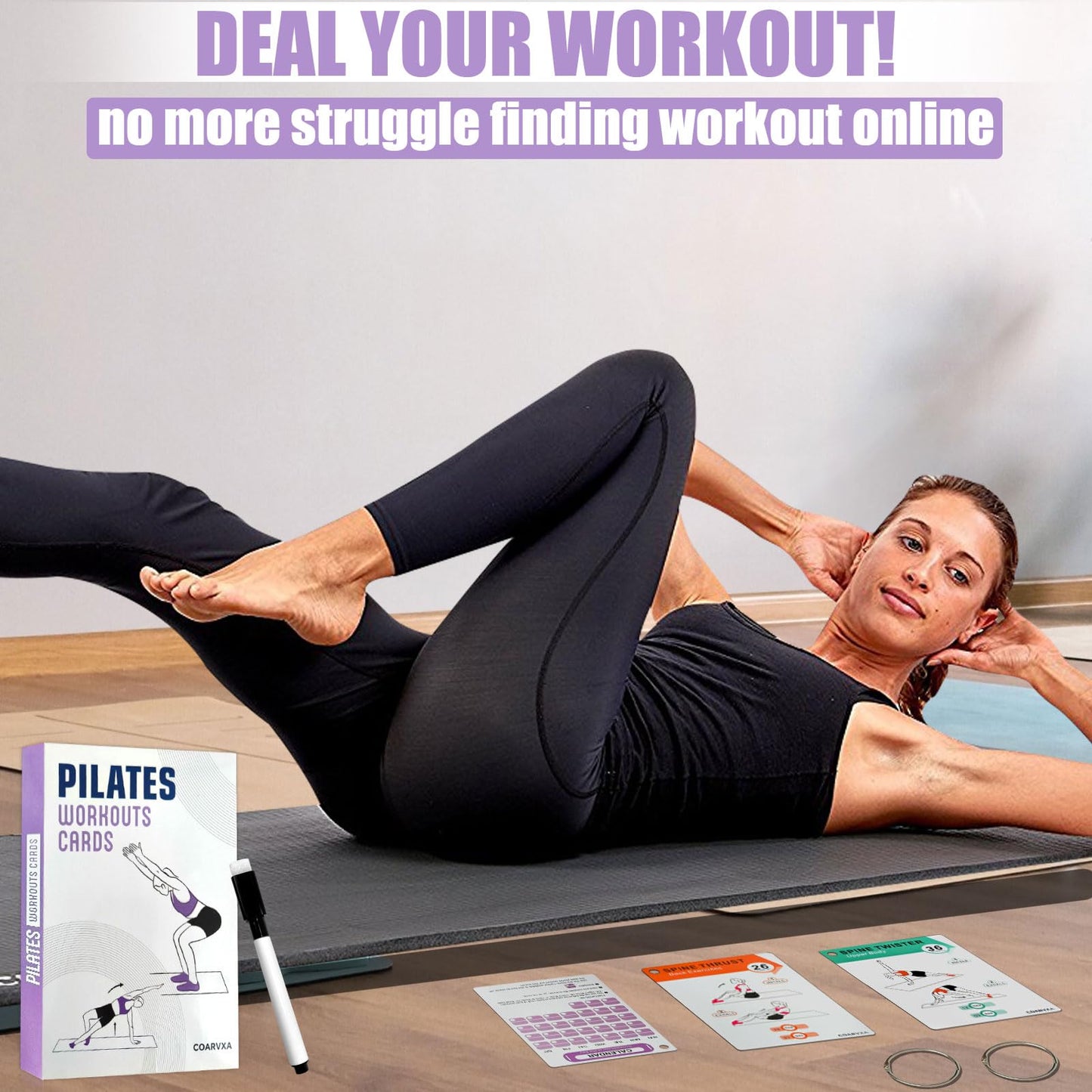 COARVXA Pilates Workouts for Women-58 Exercise Cards with Pilates Mat Workout Postures,ncludes 4-Week Challenge,2 Rings& Dry-Erase for Easy Organization-Home, Gym or Studio