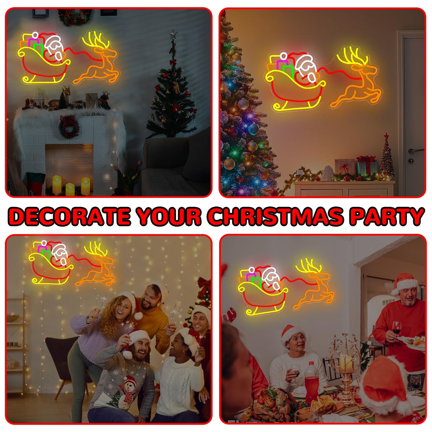 hhuohuona Large Santa With Sleigh and Reindeer Neon Sign Dimmable Neon Christmas Sign Lighted Reindeer Sleigh Santa Led Signs for Wall Xmas Decorations (21.18 * 11.61 In)
