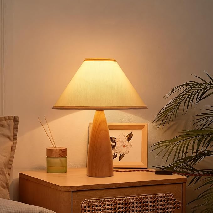 Bedside Table Lamp for Bedroom, Mid-Century Modern Plug in Fabric Shade & Solid Wood Base Desk Lamp, Plug & Play Natural Wood Nightstand Lamp for Living Room, Office, Switch Power Cord 【Bulb Included】