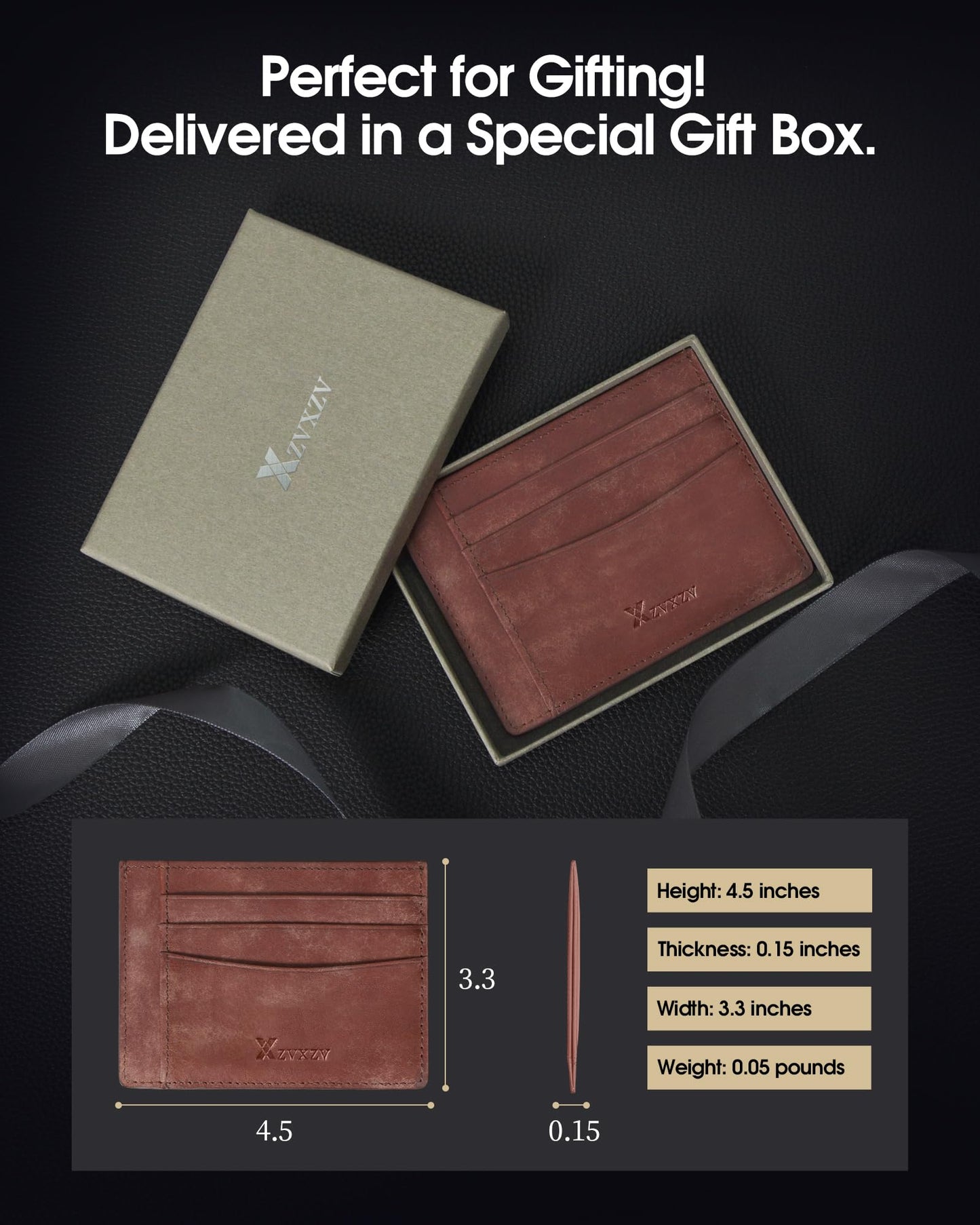 XZVXZV Men's Slim Wallet Italian Pebbled Leather Minimalist Front Pocket RFID Blocking Credit Card Holder with Gift Box Black