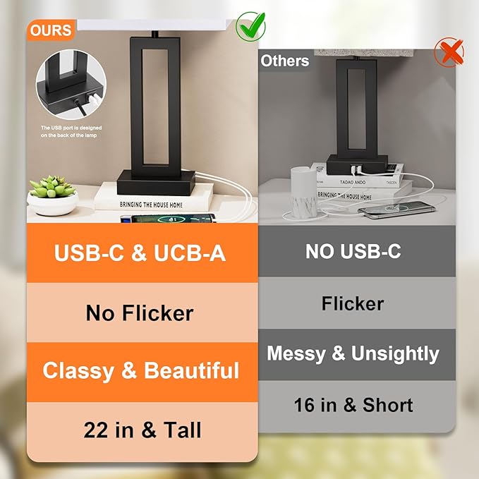 22" Tall Modern Living Room Lamps - Touch Bedside Lamps with USB C+A, 3 Way Dimmable for Bedroom End Tables Set of 2 (White & Black)