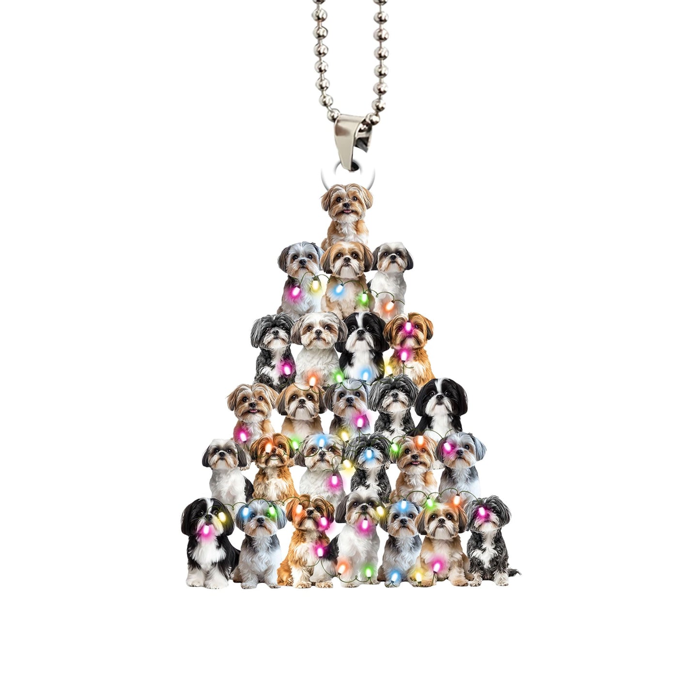 Talataca Lovely Shih Tzu Christmas Pine Tree Shape with String Light 2D Flat Car Rear View Mirror Accessories Christmas Tree Ornament Decoration Hanging Charm Interior Rearview Pendant Decor Gift