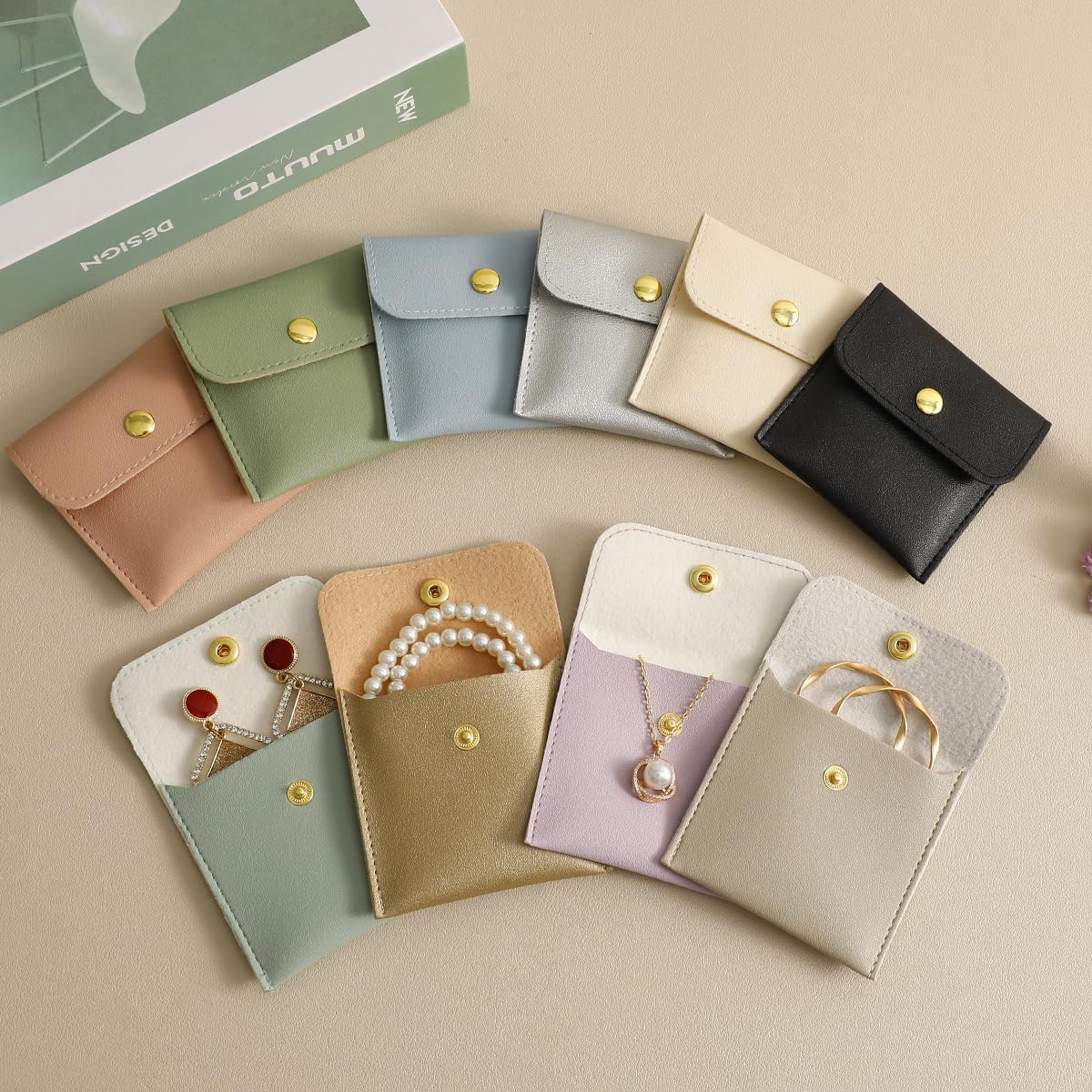 40pcs PU Leather Small Bags for Jewelry 8 x 8cm Snap Button Jewelry Packaging Bag Gold Luxury Small Favor Bags Jewelry Gift Bags for Earrings Necklaces Bracelet Ring