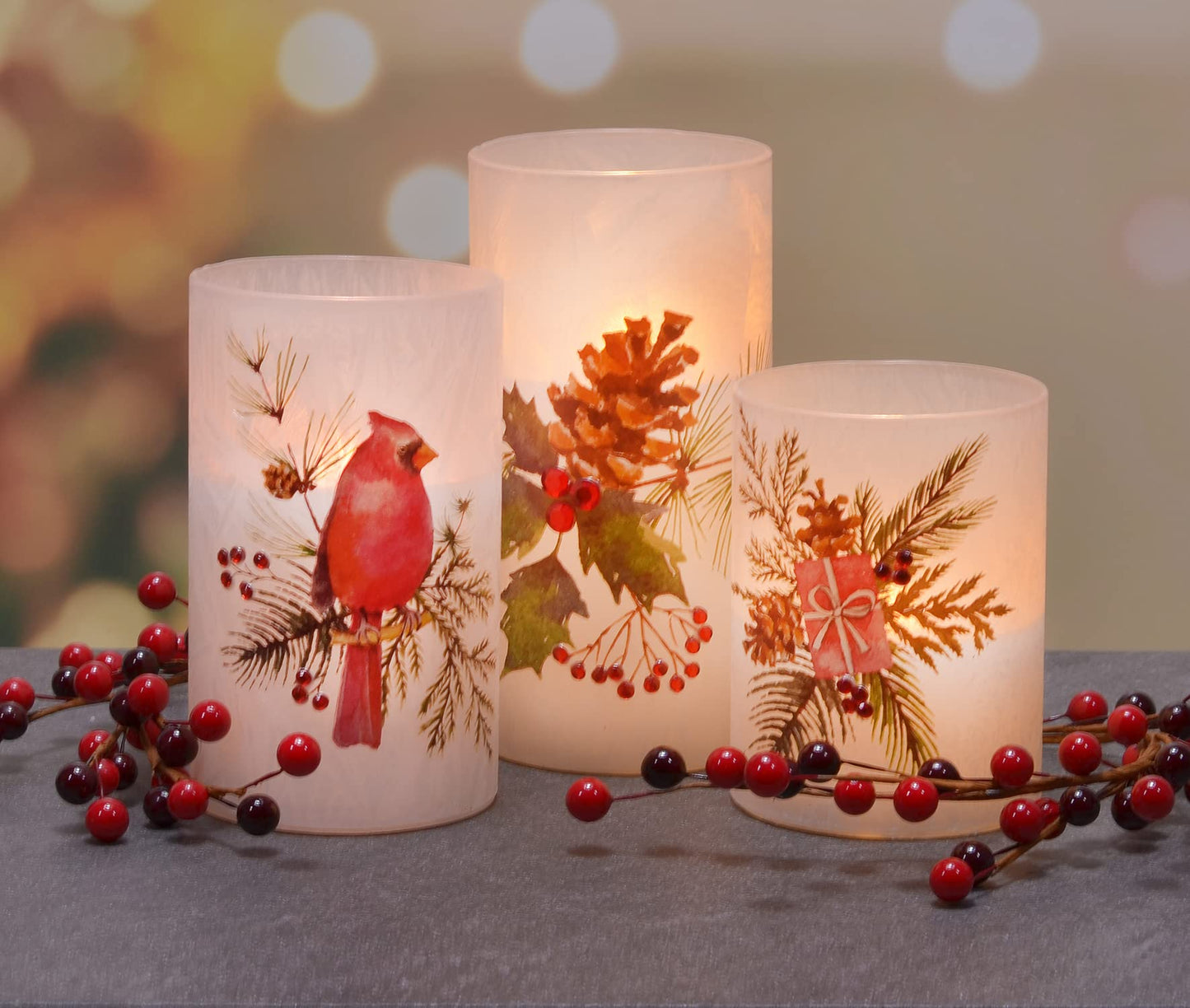 Mark Feldstein & Associates LED Flameless Cardinal and Pinecones Jeweled Iced Glass Pillar Candles, Set of 3, 6 Inch
