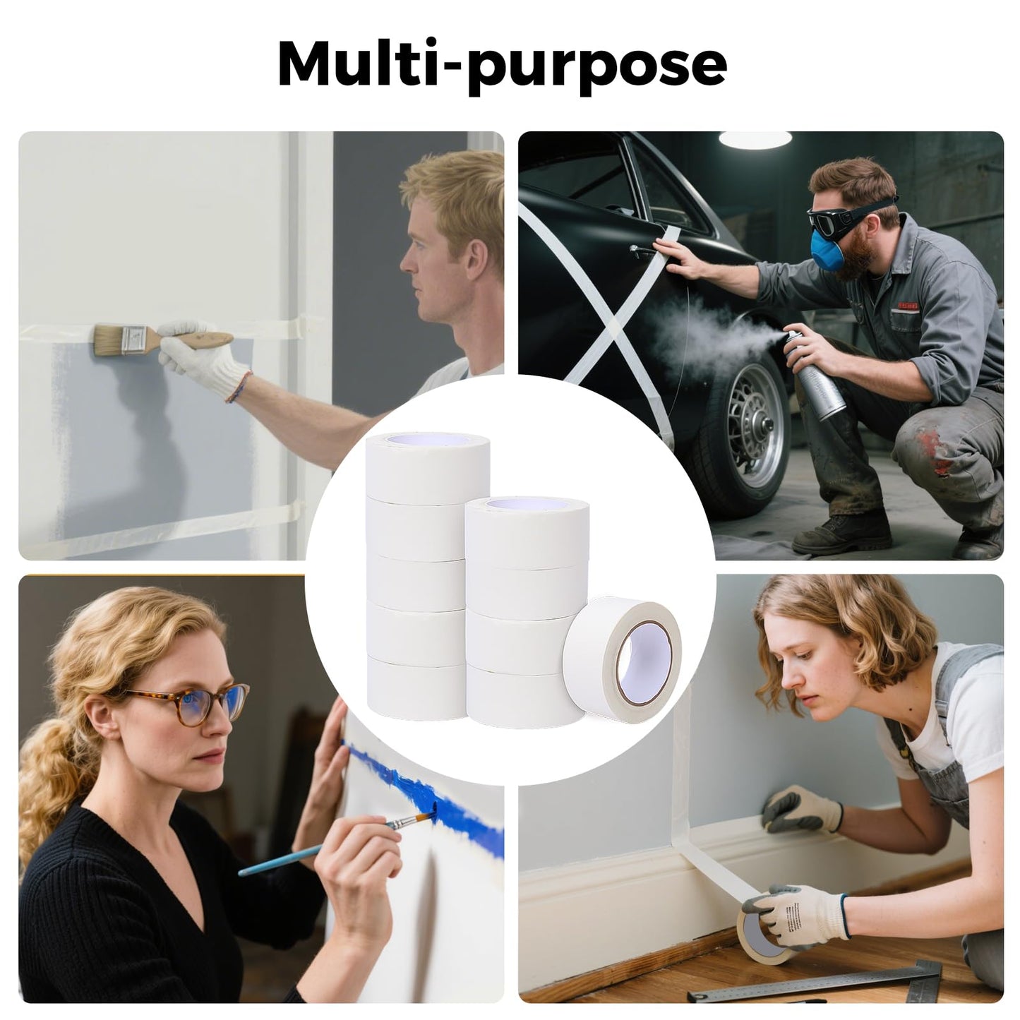 HALFOPM Masking Tape 2 Inch Wide, 10 Rolls Bulk Pack (550 Yards Total) - White Painter Tape for Sharp Paint Lines, Art & General Use