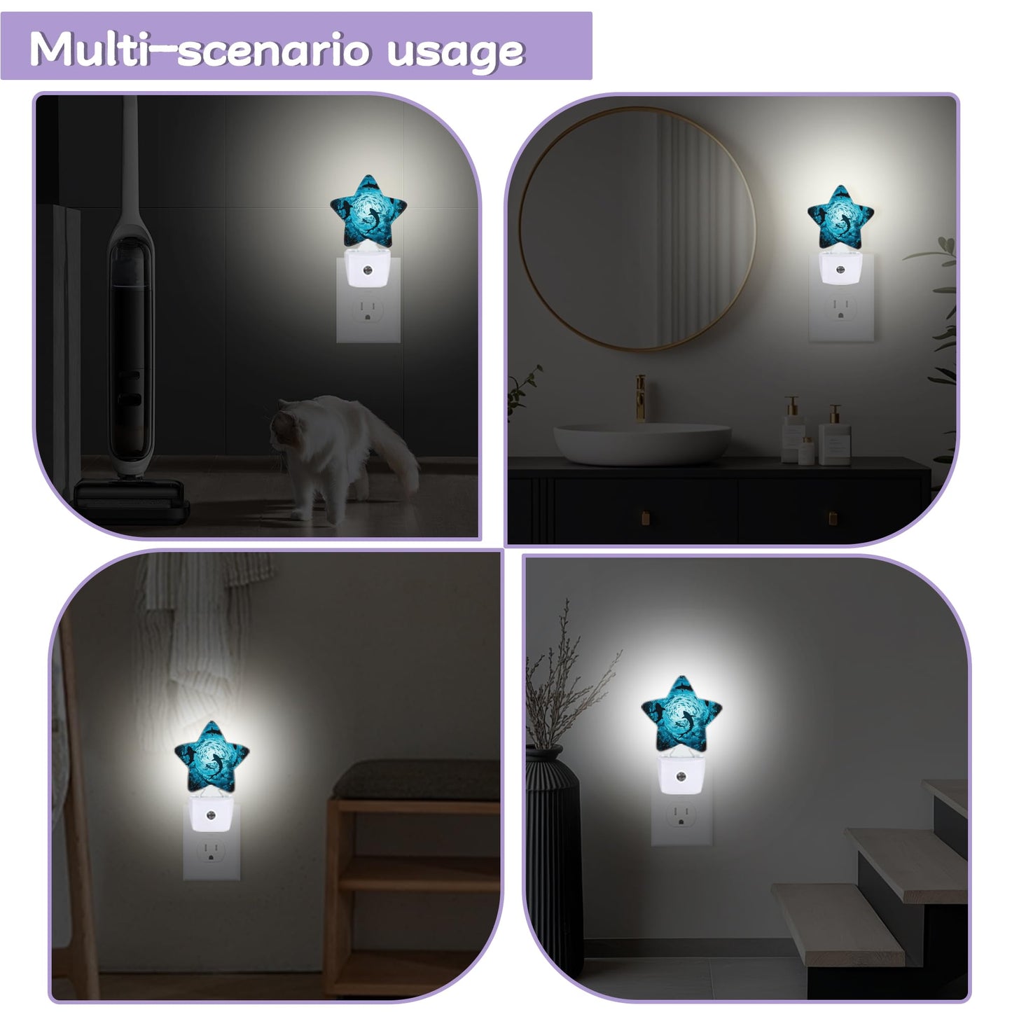 Sharks Swimming Decorative Nightlight Plug in Wall,Deep Blue Sea Star Shaped Night Light with Built in Sensor for Home Decor,Kitchen Hallway Stairs Desk Lamp
