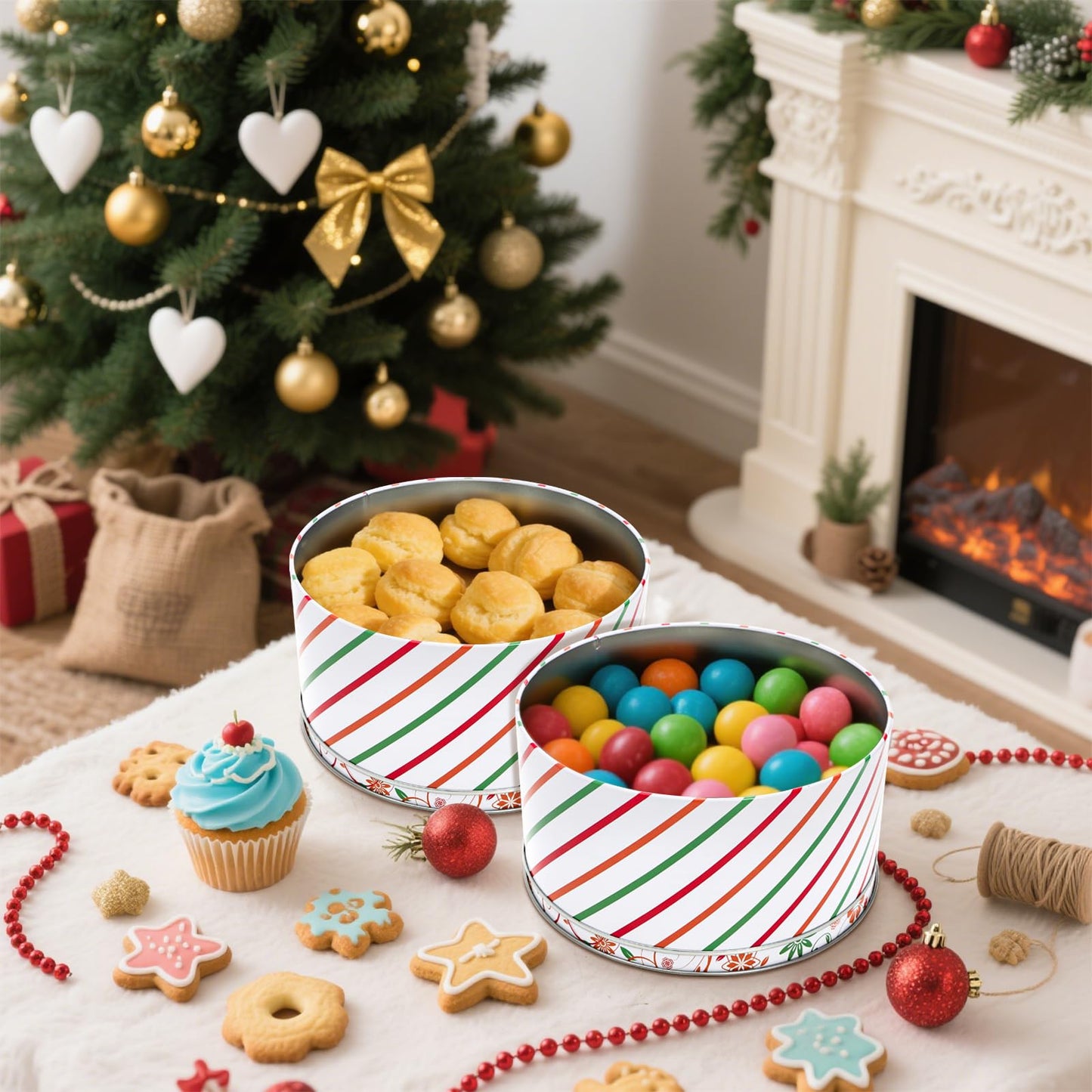 Yopay 3 Pack Round Decorative Cookie Tins, Floral Red Green Striped Holiday Metal Gift Tins, Food Safe Baking Cake Storage Containers for Easter, Christmas Cookies, Candy, Biscuits, Gift Packaging