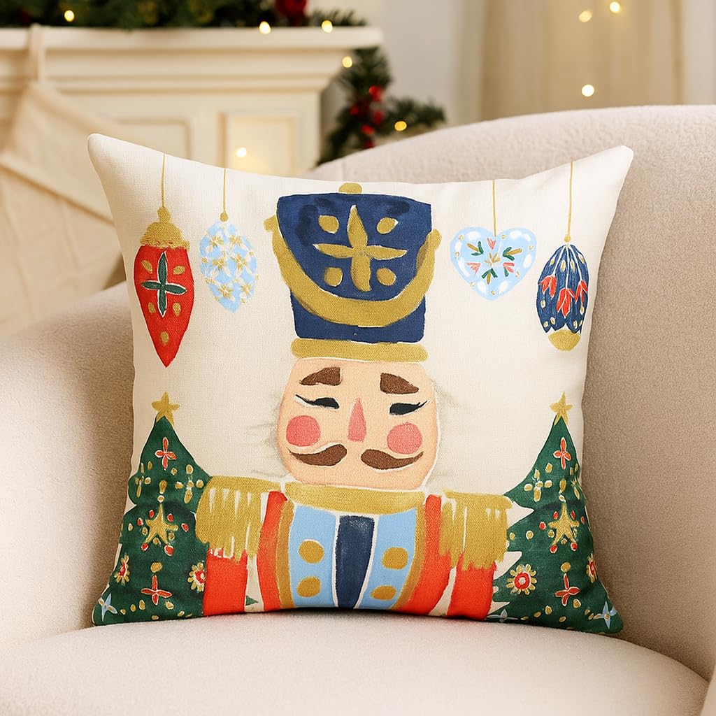 MFGNEH Christmas Pillow Covers 18x18 Merry Christmas Nutcracker Decoration Holiday Farmhouse Christmas Winter Decor Throw Cushion Case for Home Couch