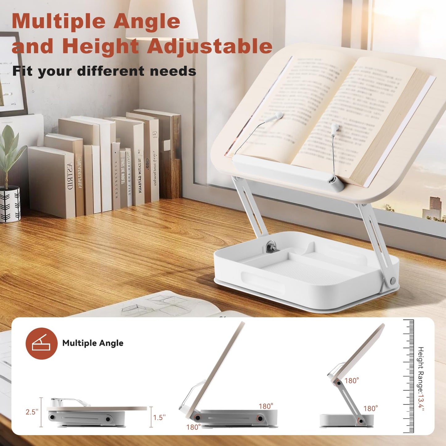 Book Stand for Reading Hands Free, 360° Rotating & Foldable Book Holder Stand for Desk with Storage Box, Carbon Steel Cookbook Recipe Book Holder for Kitchen, Office, Bible Study (White)