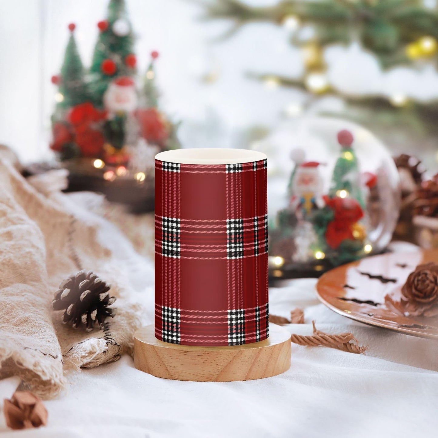 ALAZA Flickering Flameless Candles Red Tartan Buffalo Plaid Checkered Battery Operated Candles with Remote Timer LED Pillar Votive Candles Set of 2 for Holiday Decor