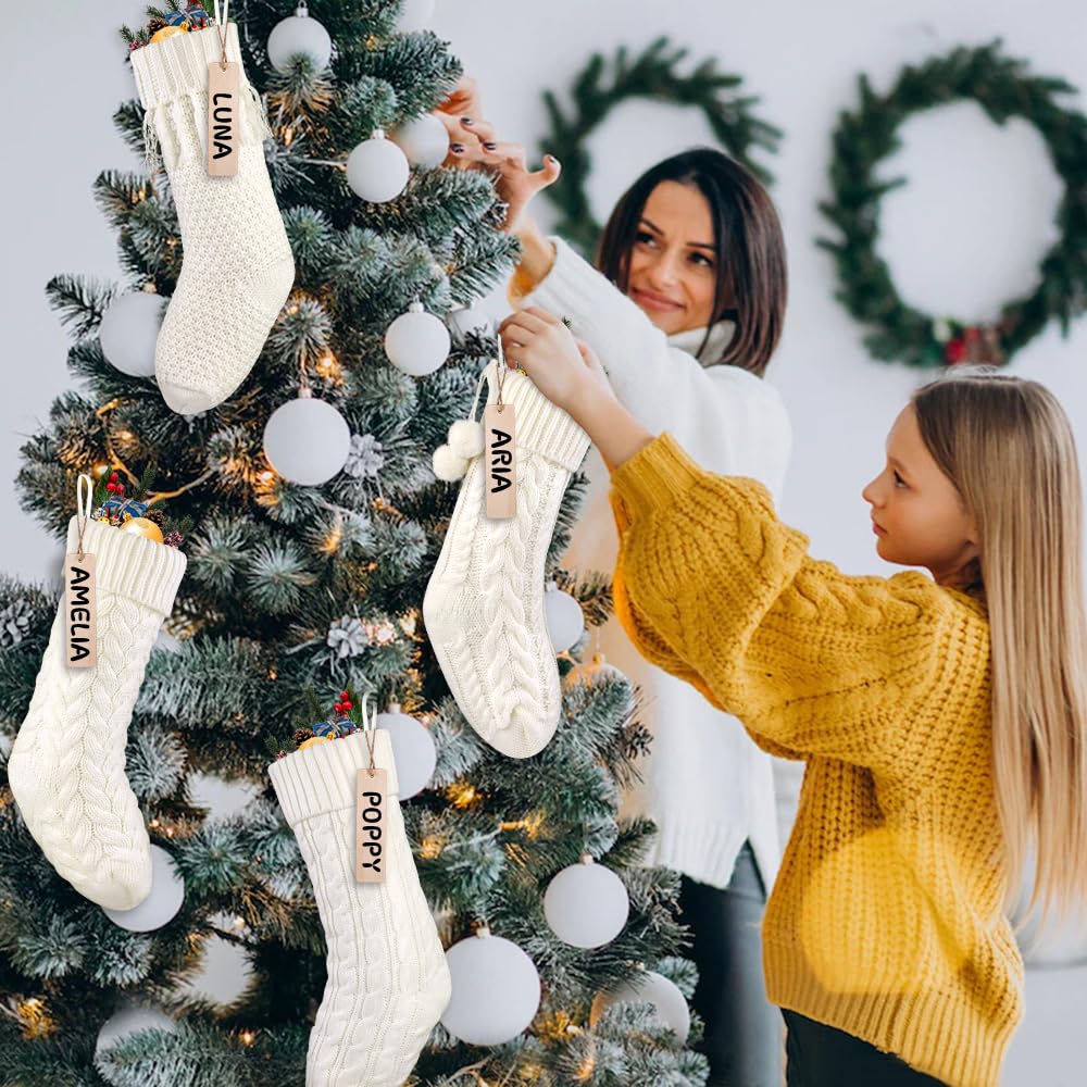 Teeanzo 4Pack 18 Inches Christmas Knitted Hanging Stockings,Xmas White Large Farmhouse Rustic Neutral Cable Knit Personal Stockings Decorations for Christmas Tree Fireplace Family Holiday Party Decor