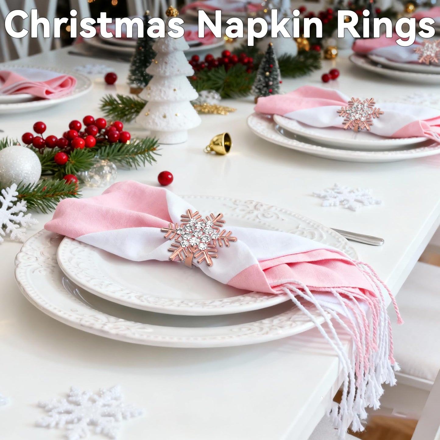 ZeeDix Christmas Snowflake Napkin Rings Set of 12- Rose Gold Rustic Dinner Tables Setting Decoration for Wedding Receptions, Christmas Holiday Party Dinner Parties
