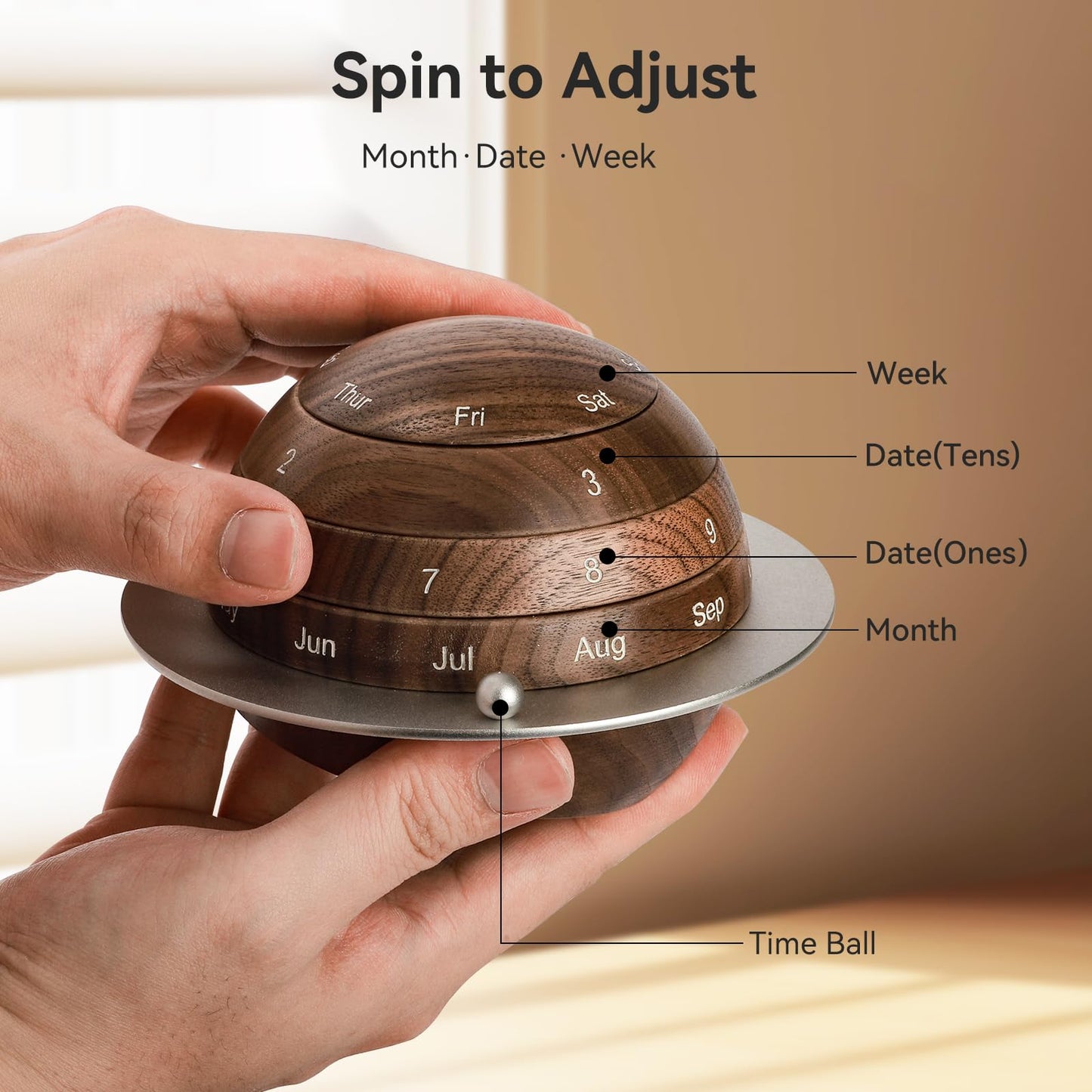 Mayhas Rotating Wooden Calendar - Walnut Wood Detachable Planetary Desk Calendar, Spherical Perpetual Calendar for Home & Office Decor, Unique Gift Idea(02 Walnut).