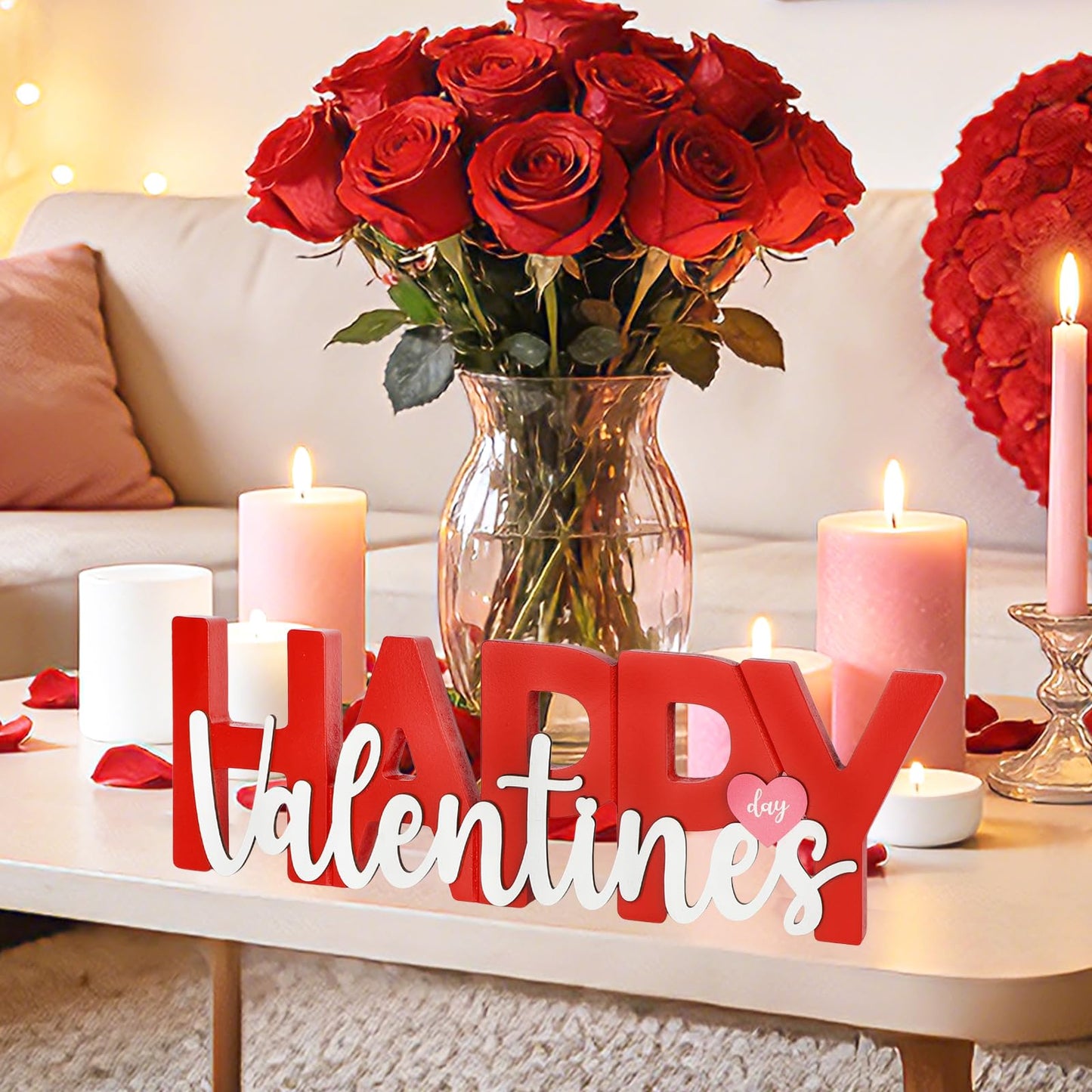 COCHIE Wooden Happy Valentine's Day Sign, Valentine Decorations for Home, Office, Shelf, Mantel, Indoor, Wood Heart Decor, Red Pink Table Top Party Decoration (Valentines)