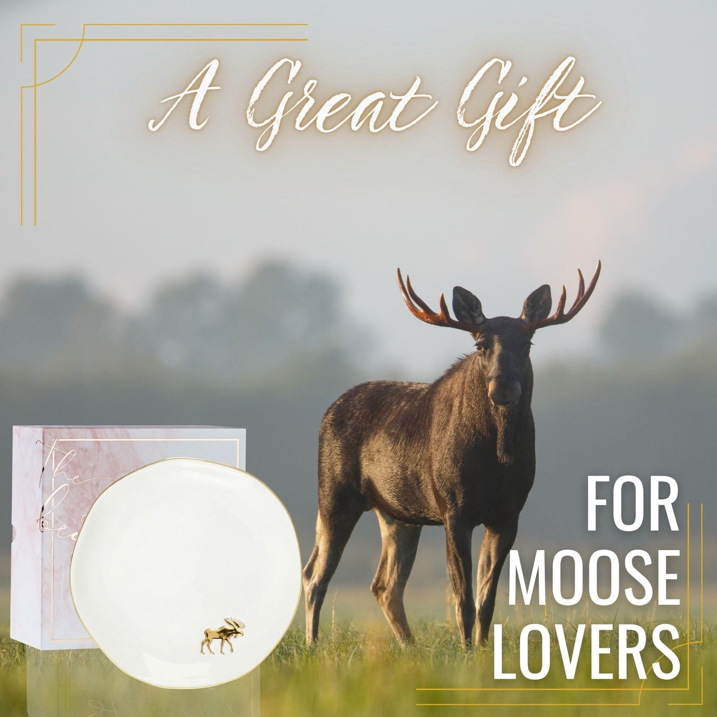 InnoBeta Moose Gifts for Women Girls, Gifts for Moose Lovers - 4.75" Handcrafted Ceramic Ring Dish with Gold Trim, Decorative Trinket Dish for Rings Earrings Necklaces