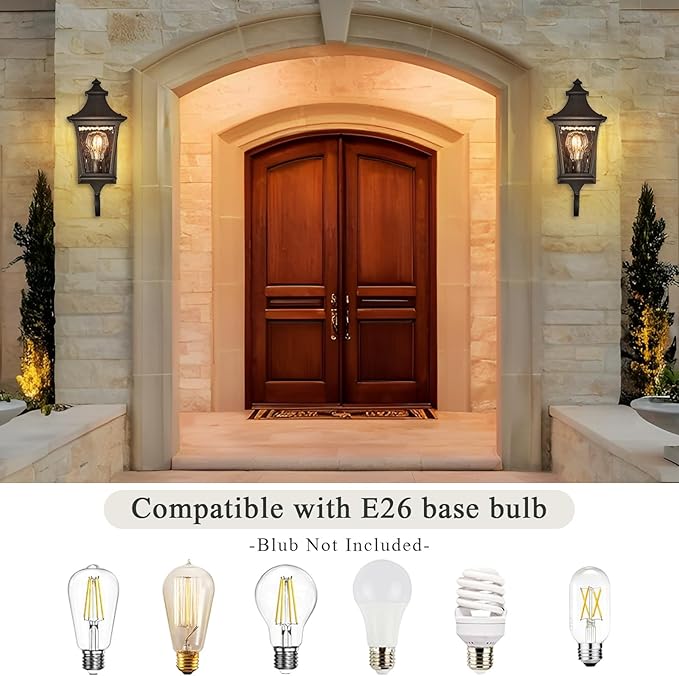 Modern 14.6 Inch Outdoor Wall Sconce Light with Water Ripple Glass in Black Finish, Aluminum Porch Light for Gardens, Garage, Yards and Entryway, E26 Socket