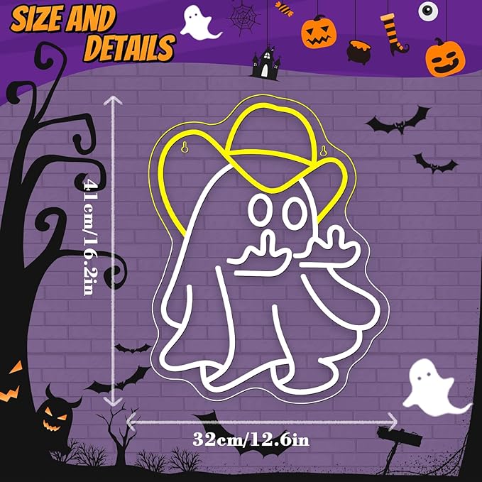 WX&YH Cowboy Ghost Giving The Finger Neon Sign Halloween Neon Signs for Wall Decor Spooky LED Lights for Porch Man Cave Room Bar Halloween Bash Unique Gift for Friends Halloween Nights