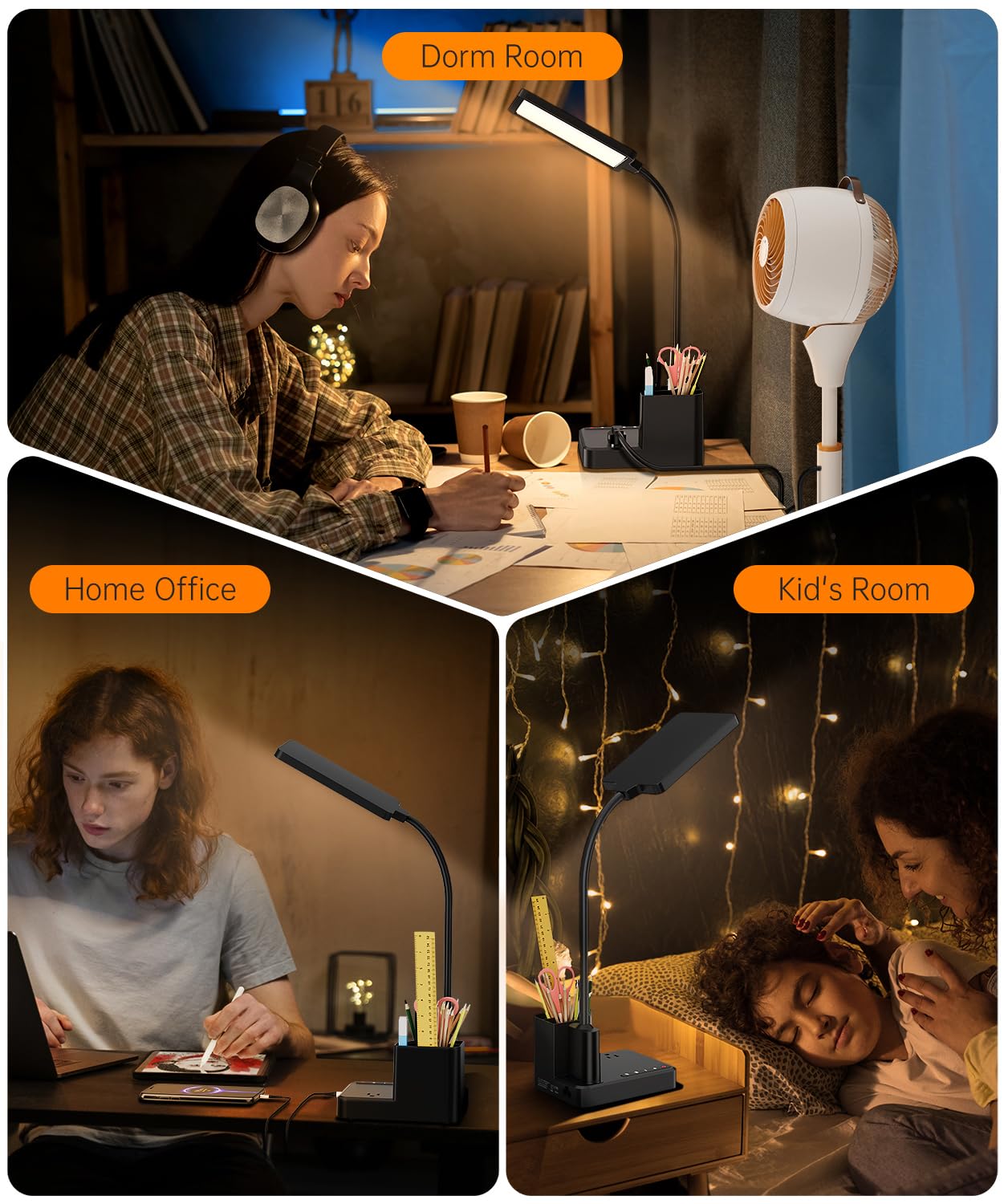 Desk Lamp, COZOO LED Desk Lamps for Home Office with USB Charging Port/Outlet/Organizer,Desk Lamp for College Dorm Eye-Caring Study Light,Gooseneck Table Lamp with Pen Holders/Storage,9 Lighting Modes