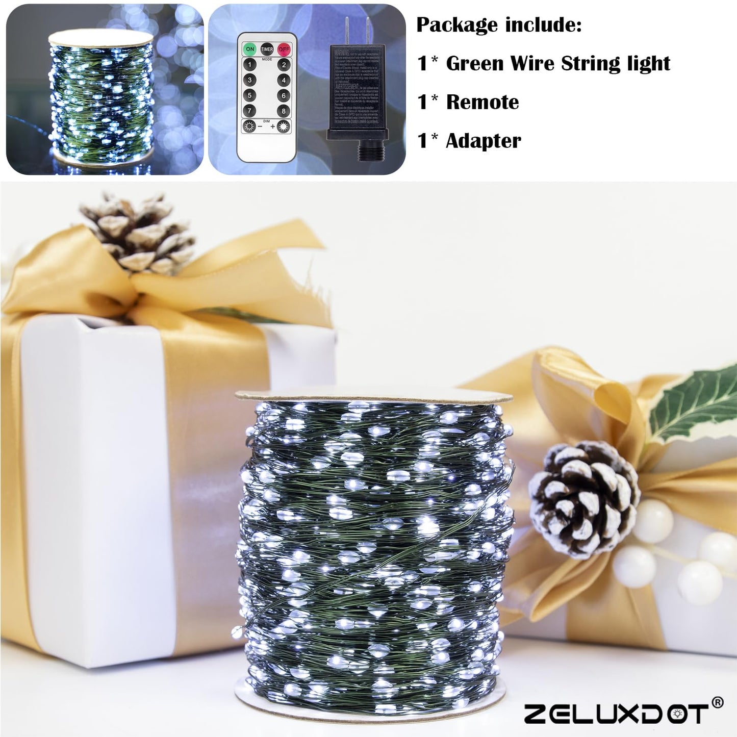 ZELUXDOT Fairy Lights Plug in,200FT 600LEDs Waterproof Led String Lights,8 Modes Remote Twinkle Light for Outdoor Indoor Christmas Wedding Birthday Garden Party Decorations,Green Wire,Cool White