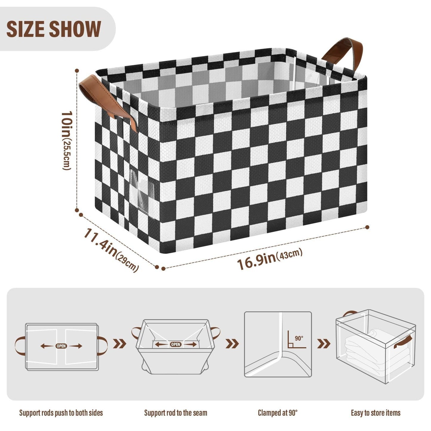 YNNALE Black and White Checkered PlaidStorage Bins for Shelves with Labels&Handles Fabric Organizer Bin Foldable Rectangle Storage Basket Boxes for Closet, Bathroom, Home, Living Room