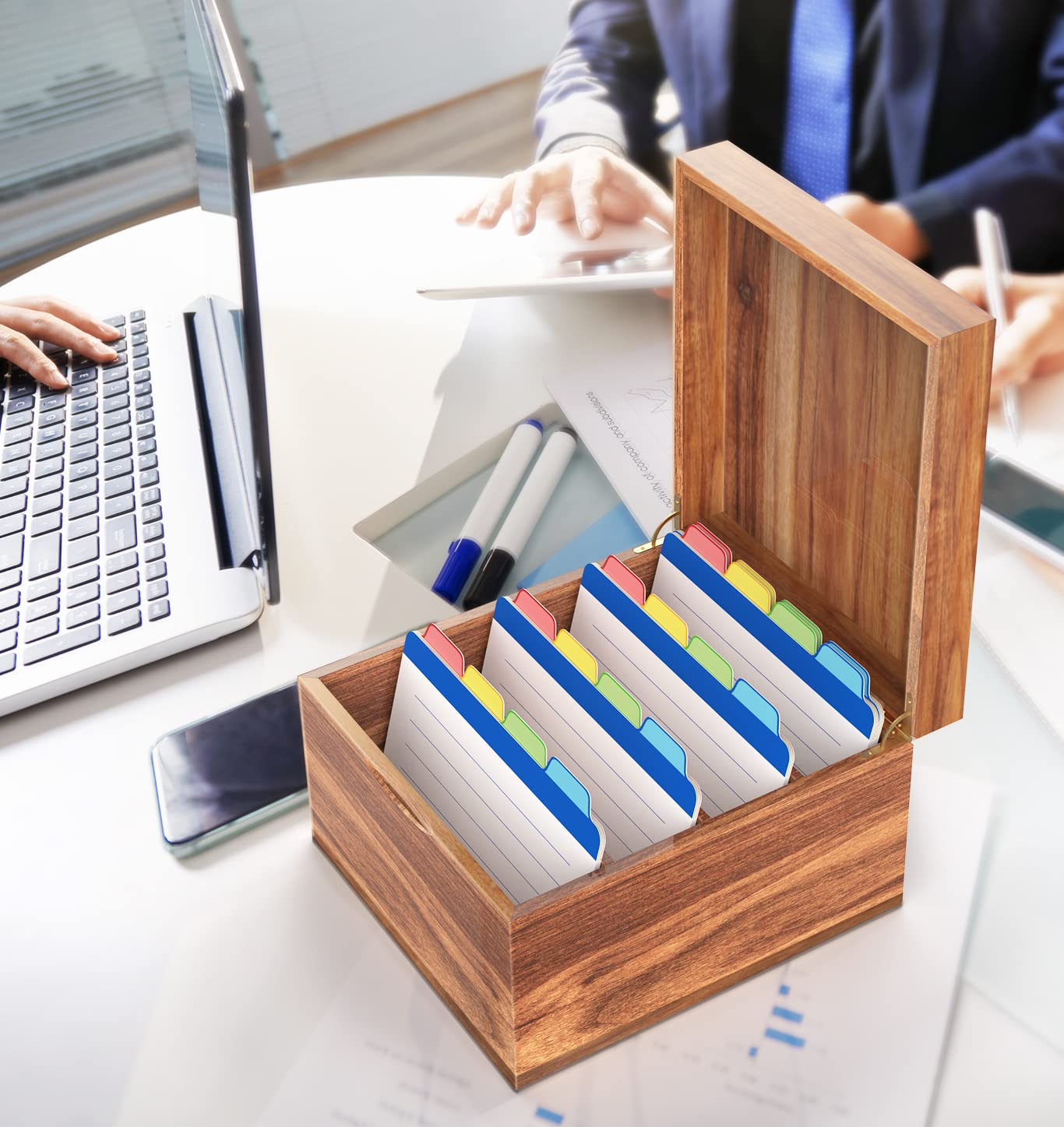 Neando 5x8 Index Card Organizer with Lid ā Extra Large Acacia Wood Storage Box with 4 Compartments, 20 Blank Tabs, Holds 600 Cards ā File Box for Recipes, Projects, School Notes & Office Organization