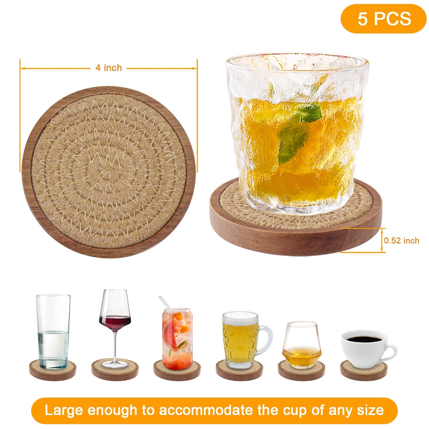 Wood Coasters for Drinks, Eykao Absorbent Coaster Sets of 5, Woven Drink Coasters for Coffee Table, Housewarming Gift for Farmhouse Home Decor,4 inches