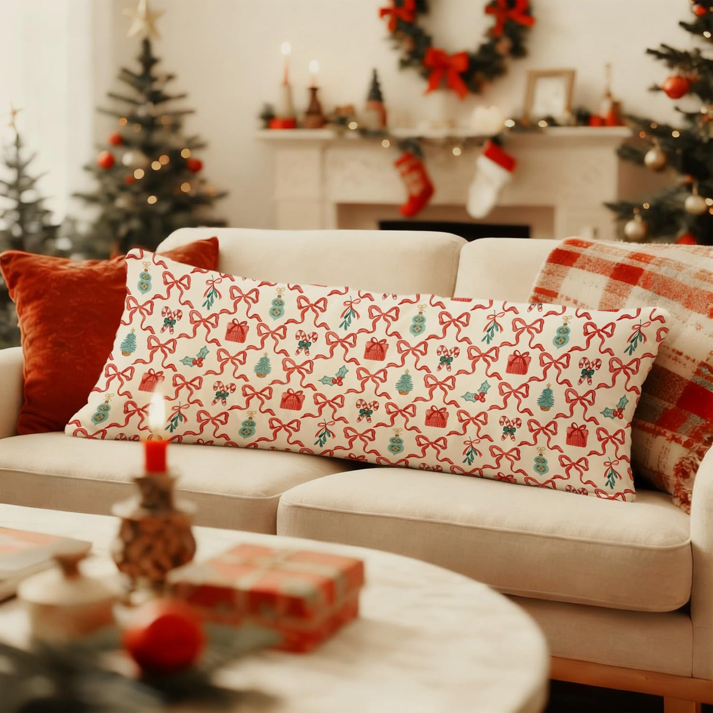 PIUD Coquette Red Bow Christmas 20x54 Body Pillow Cover, Preppy Christmas Decor, Red and Green Xmas Candy Cane Holly Berries Decorative Long Body Pillow Cases for Bed Couch
