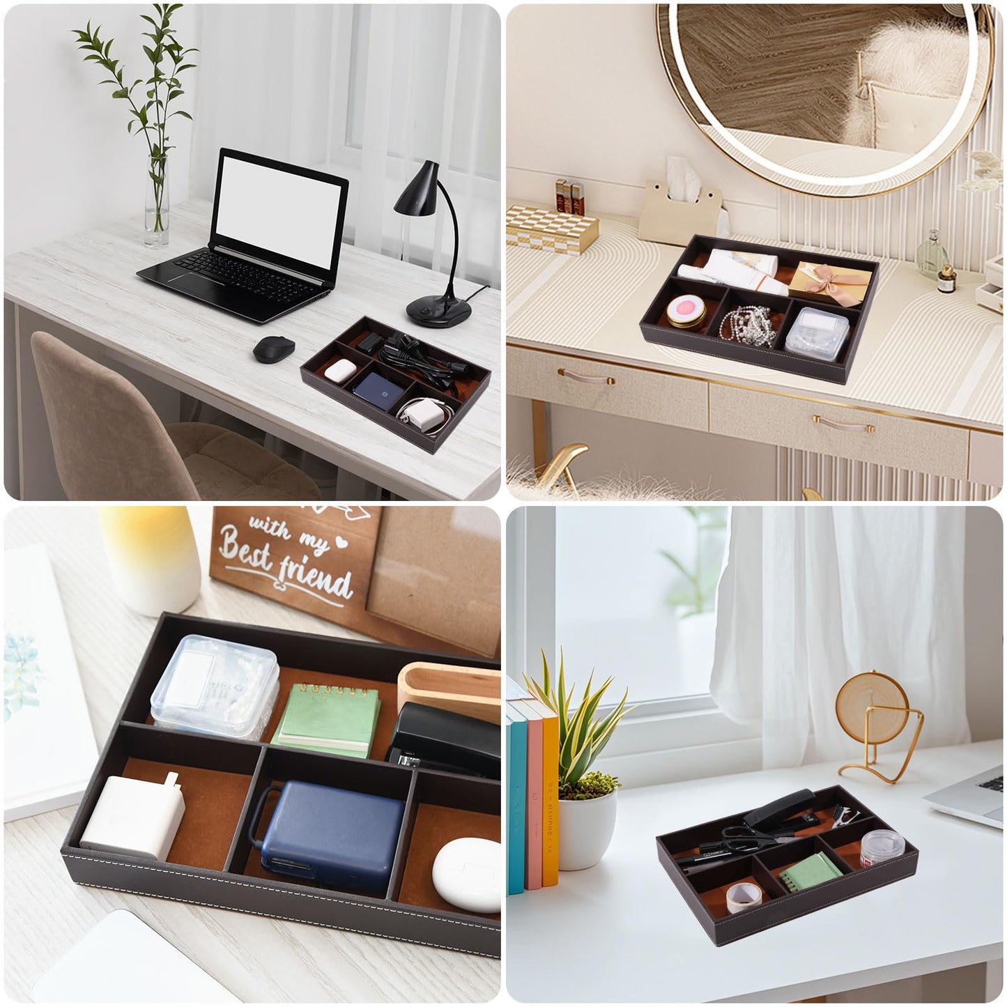 CONCHLERY 2 Pcs Desk Drawer Organizer 4 Grid PU Leather Drawer Storage Organizer Multi-Purpose Storage Desktop Organizers Tray for Office Home, Brown, 30.3x20.3x4.15cm