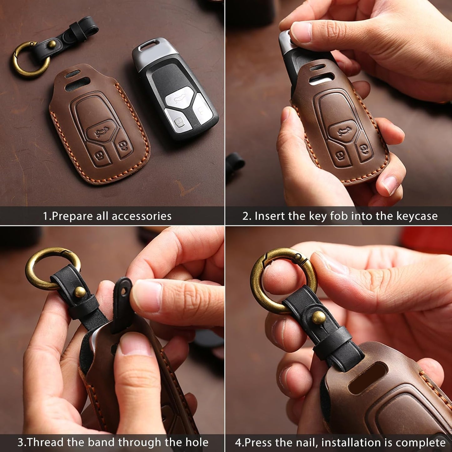 OLLEN Screws-Free Genuine Leather Key Fob Cover Fit for BMW 2023-2025~up New 5/7 Series 740i 760i X1 X2 X3 X5 X6 X7 XM IX IX3 I5 I7 etc, with Key Ring, Black