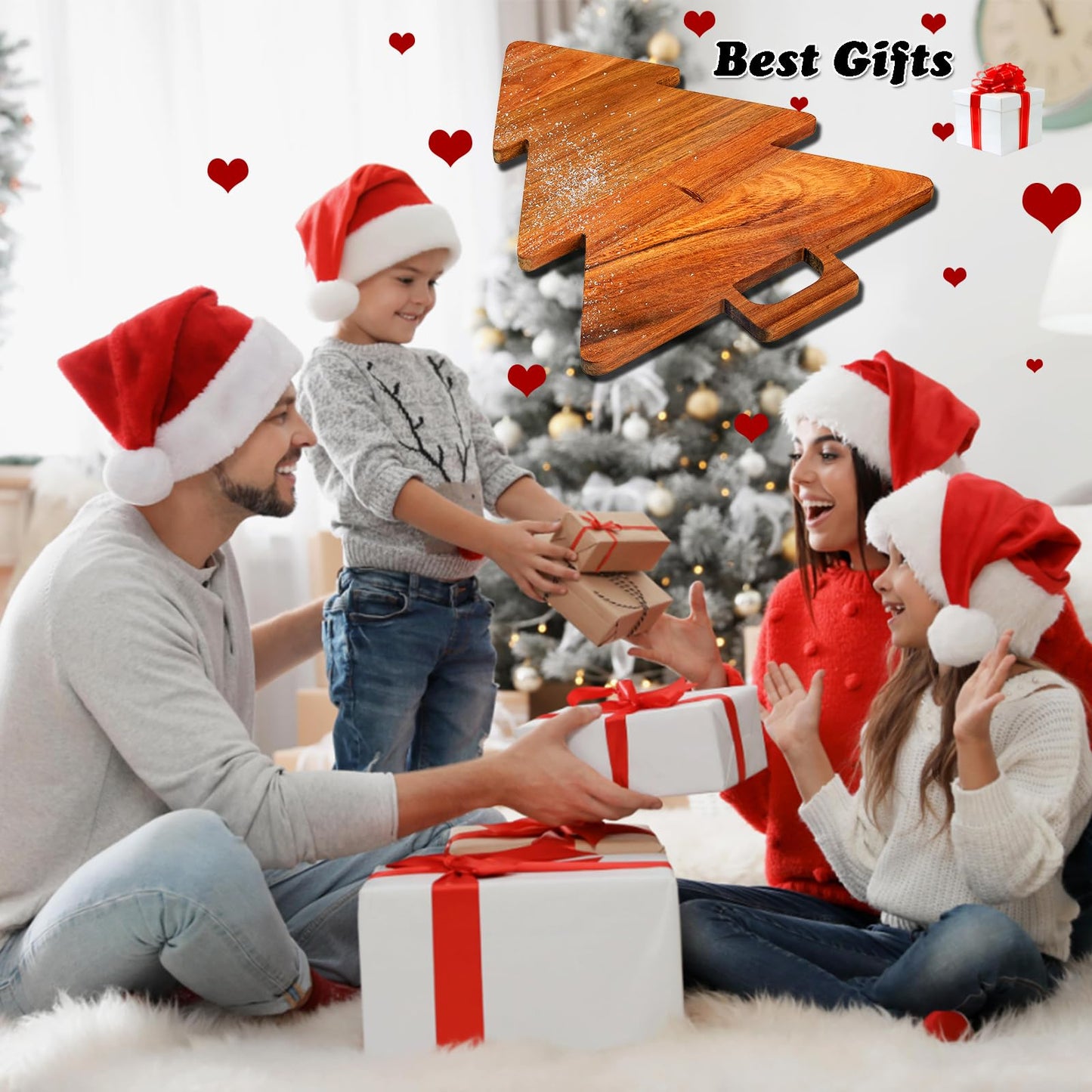 Christmas Tree Cutting Board - Christmas Tree Shaped Charcuterie Board Wood Platters for Kitchen,Christmas Tree Wooden Serving Tray Cheese Board with Handle/brown