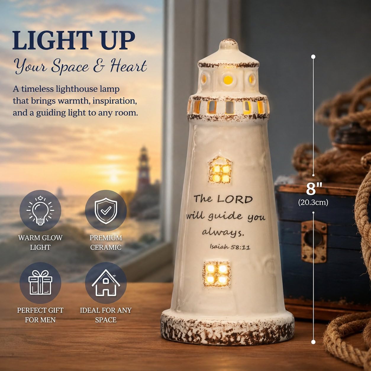 DAILYBREAD hristian Lighthouse Lamp for Men – Ceramic LED Night Light with Scripture Verse, Inspirational Gift for Dad, Husband, Pastor, Christian Home Decor 8" H