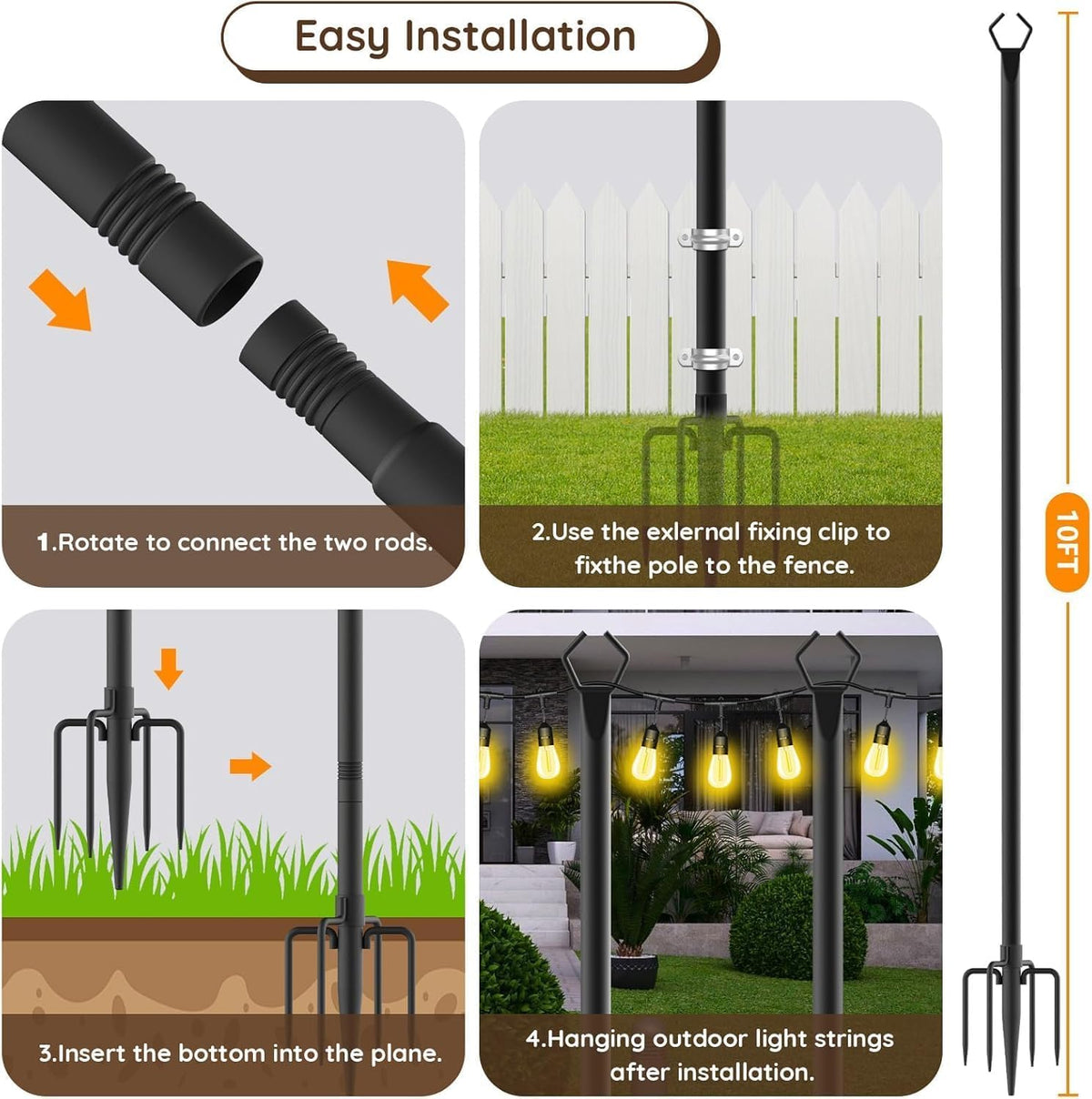 AILBTON 10Ft String Light Poles 4 Pack,Light Poles for Outside Lights,Outdoor with Fence Brackets Hanging Lights,Metal Stand Deck Patio Backyard