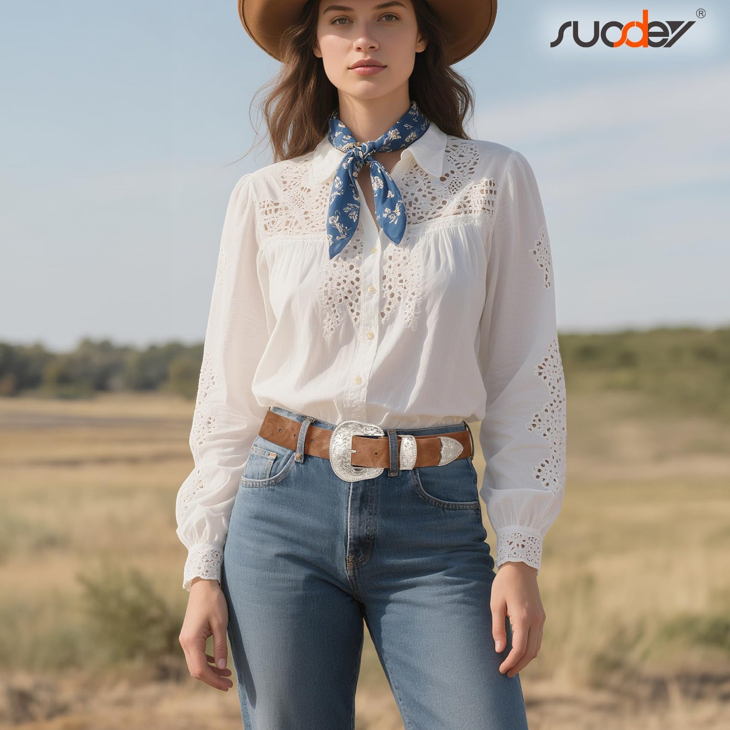 SUOSDEY Women Country Western Belt Cowgirl Cowboy Vintage Leather Belt with Western Style Big Buckle for Jeans Dresses