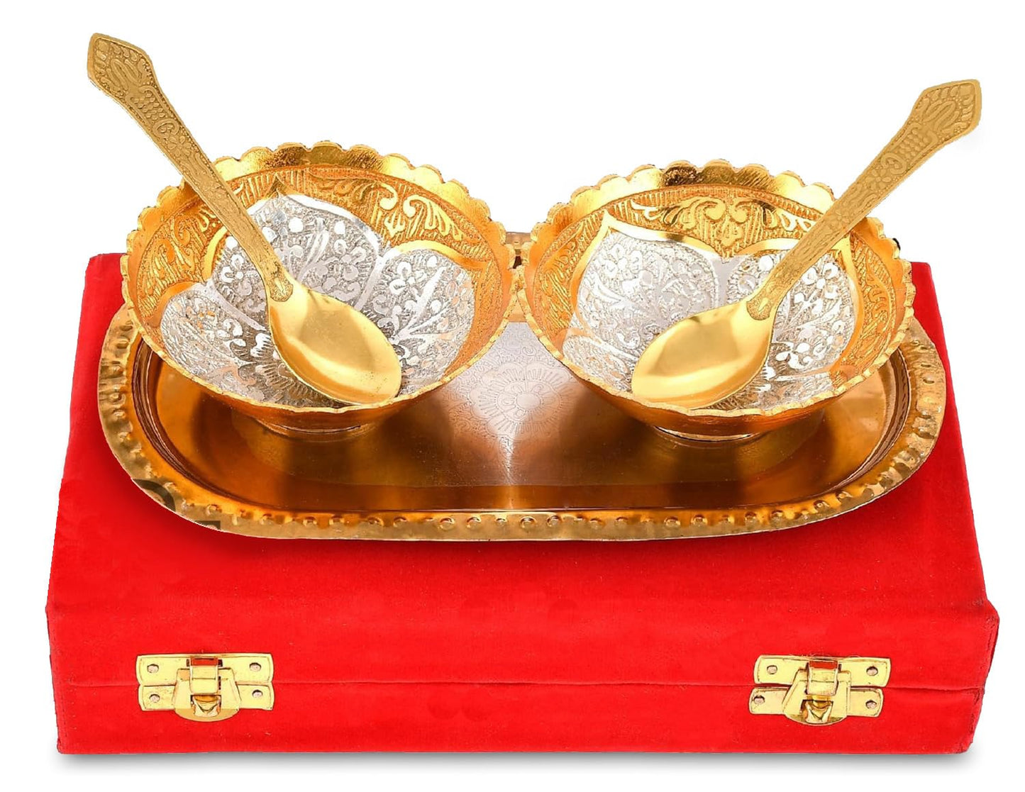 NOBILITY Bowl Spoon Tray Set Gold and Silver Plated Light Weight with Gift Box Dessert Dry Fruits Serving Gift Items Diwali Christmas Eid Wedding Return Home Decoration Gifts