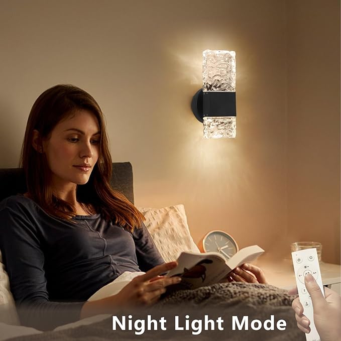 HuisMier Black Crystal Wall Sconces, Modern 3000K-6000K Dimmable LED Wall Light Fixtures with Remote, K9 Crystal Vanity Wall Lighting for Bathroom Bedroom Living Room Stairway Hallway, Hardwired