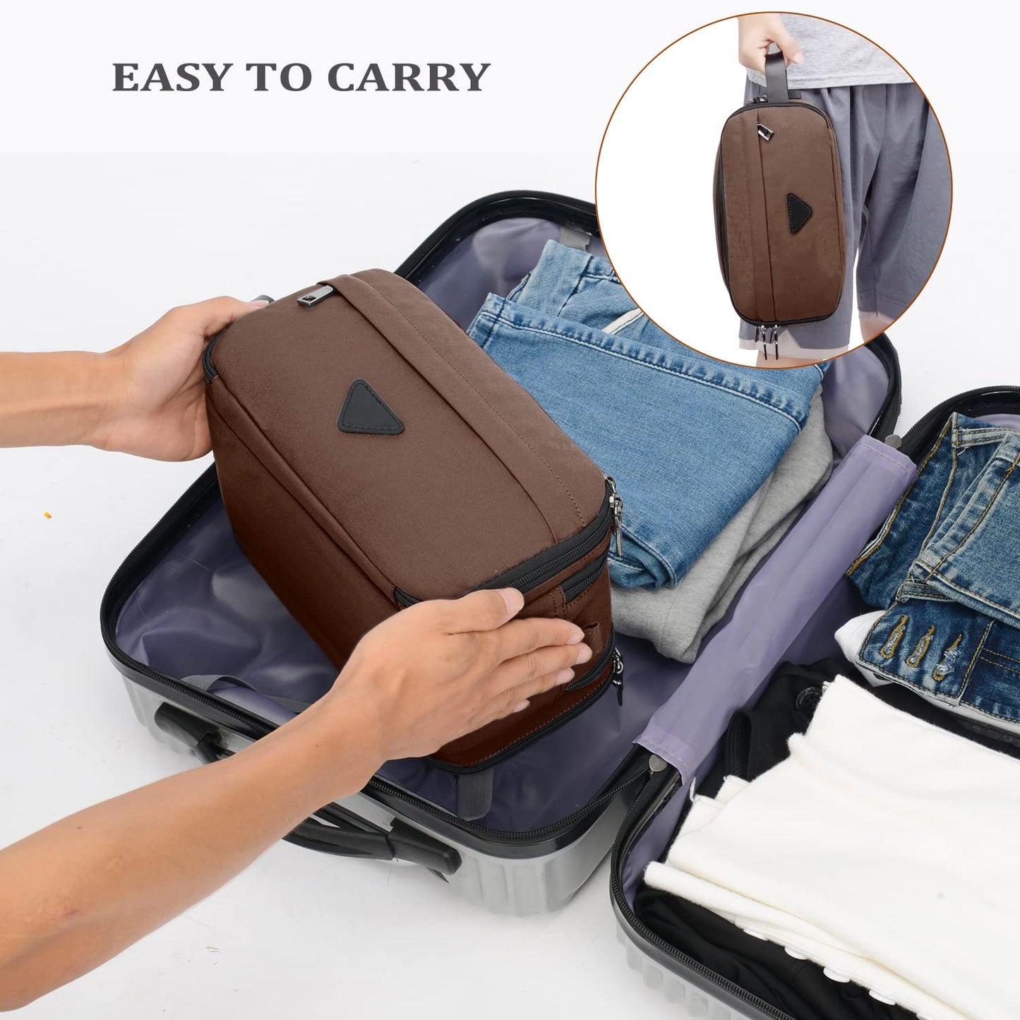 CROCOD Toiletry Bag for Men - Water-Resistant Oxford Travel Organizer Dopp Kit with Double Zippers, Padded Shaving Bag for Bathroom, Gym, Dorm - Multi-Function Cosmetic Storage Bag (Brown)