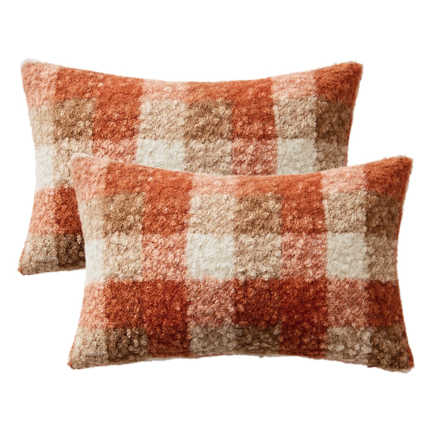 MIULEE Fall Plaid Pillow Covers 12x20 Inch Set of 2, Decorative Boucle Faux Fur Check Lumbar Throw Pillow Covers Fluffy Pillowcases for Farmhouse Living Room Sofa Bed Home Decor,Orange