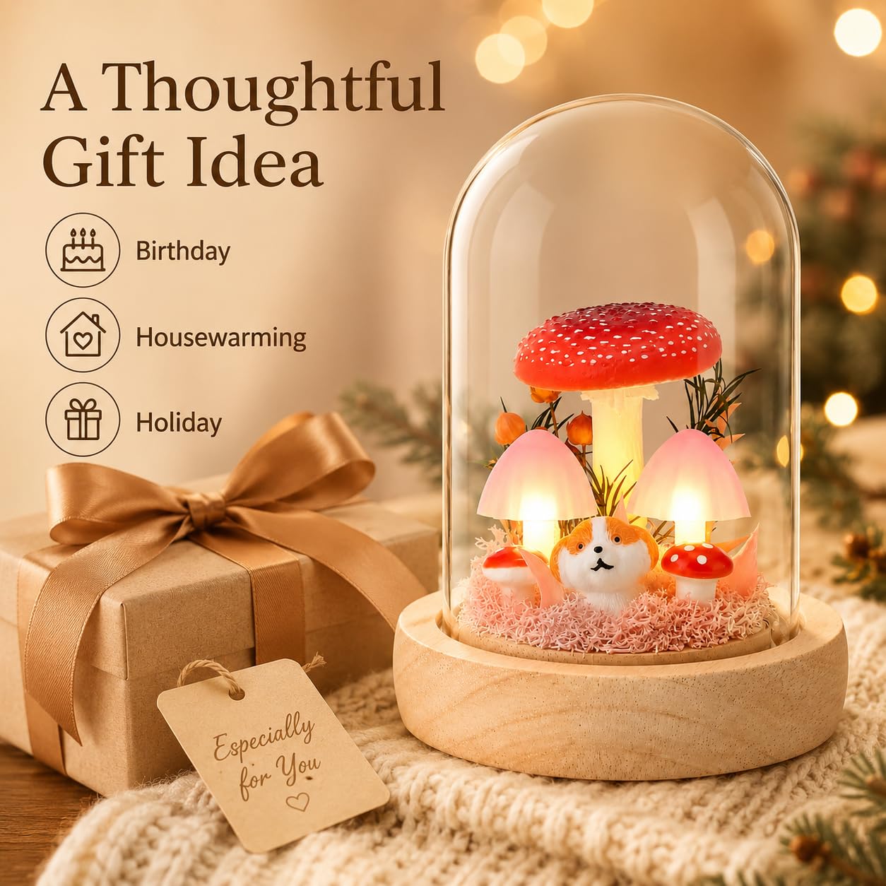 QUELIEN Mushroom Lamp in Glass Dome,Mushroom Gifts for Women - Warm White LED Night Light for Bedroom Decor,Birthday Party Decorations,Ideal Birthday Gift Valentines Gift