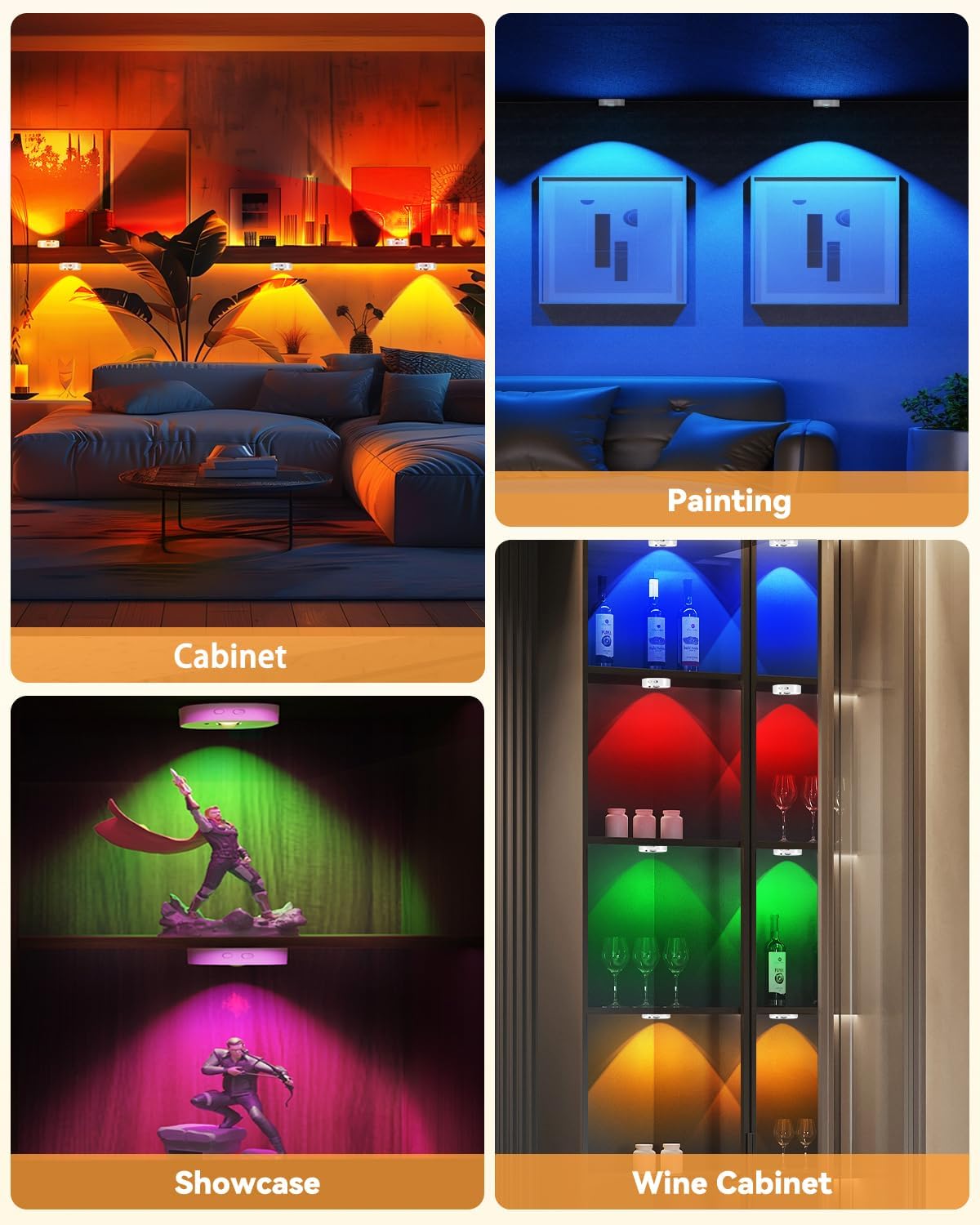 Under Cabinet Lighting, 1500mAh Rechargeable Puck Lights with Remote,13 RGB Colors, Magnetic Stick on Light, Dimmable Wireless Tap Light for Kitchen, Shelf, Pantry(White 6 Pack)
