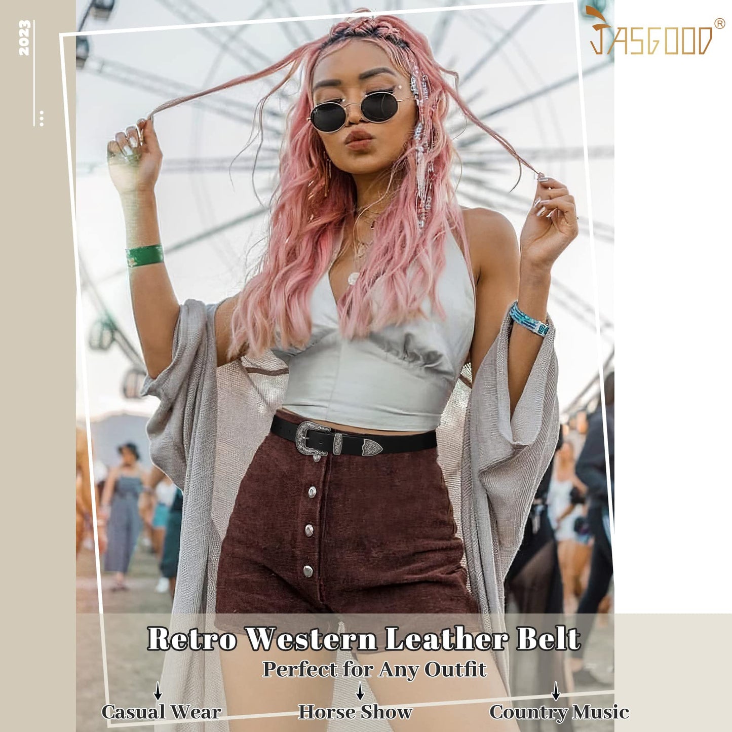 JASGOOD Women Leather Belts Ladies Vintage Western Belt Cowboy Cowgirl Country Belt Design Black Waist Belts for Pants Jeans Dresses