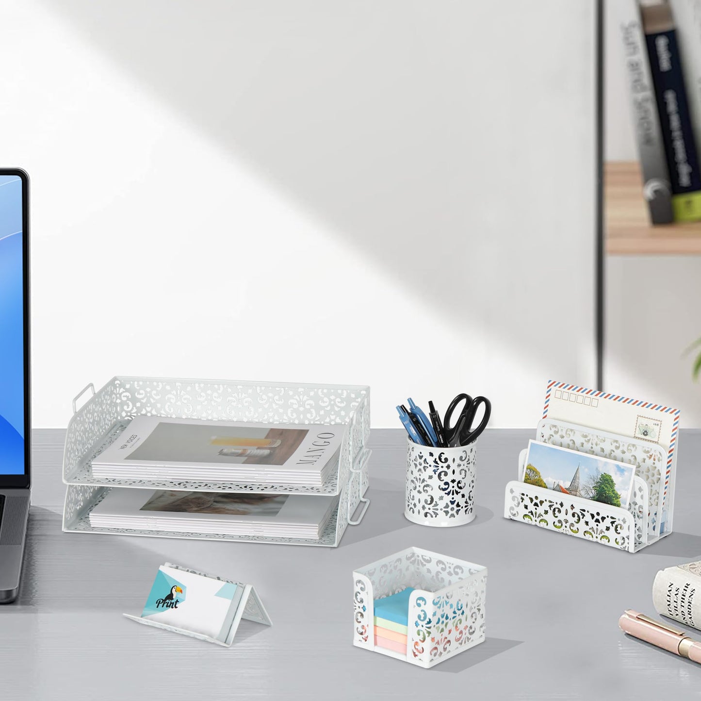 EasyPAG Desk Organizers and Accessories 5 Pieces Office Supplies Set - 2 Tier Paper Tray, Pencil Organizer for Desk, Mail Sorter Countertop, Business Card Holder and Sticky Note Holder, White