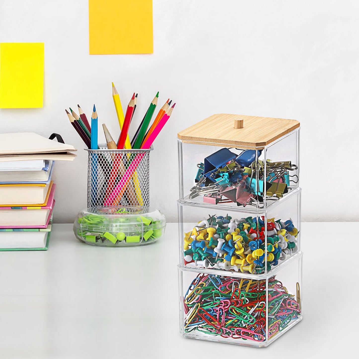 BTSKY Clear Stackable Paper Clip Holder with Bamboo Lid 3-Layer Paperclip Box Thick Acrylic Office Supply Accessory Organizer Square Small Storage Holder Cute Qtip Holder for Office Bathroom Vanity