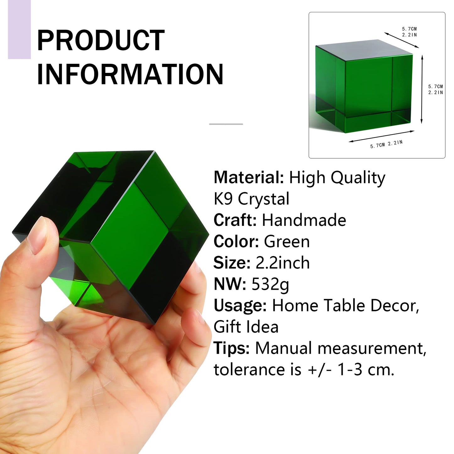 QFkris 2.2inch Crystal Glass Cube Prism Paperweight,Optic Prism Cube Figurine Collectibles for Office or Home Decor,Cool Science Gadgets,Birthday Gift (Green)